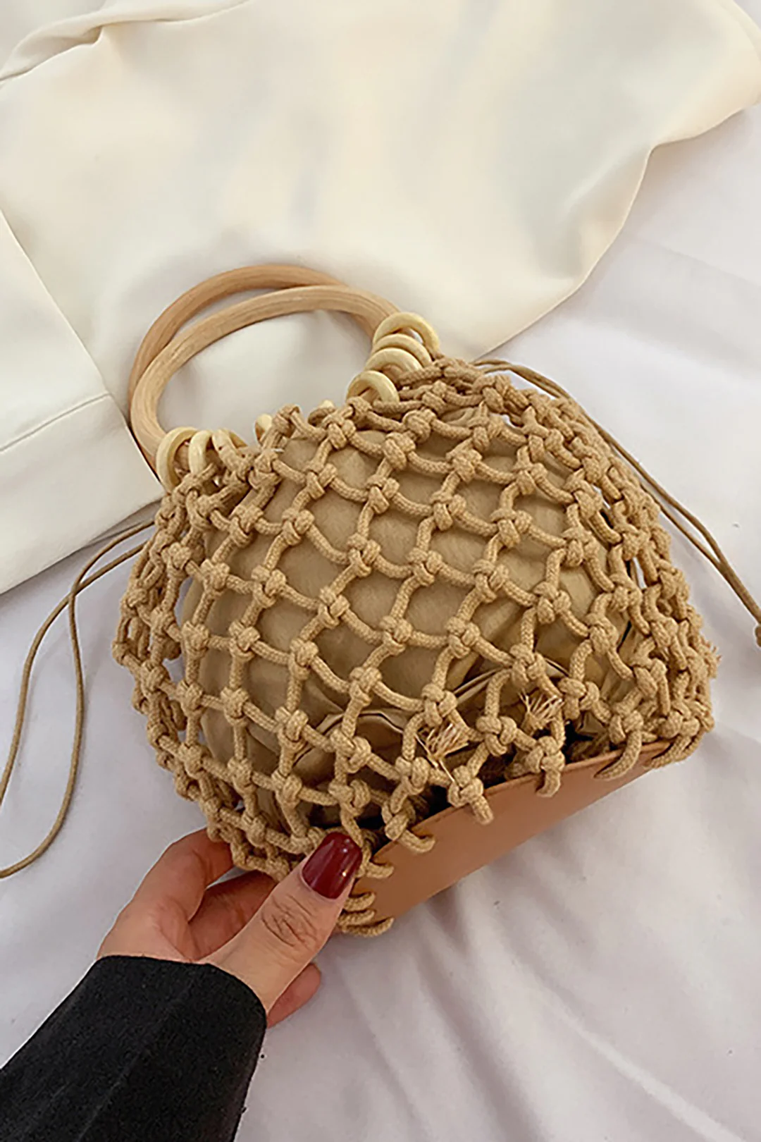 Woven Wooden Handle Tote Bag - Image 2