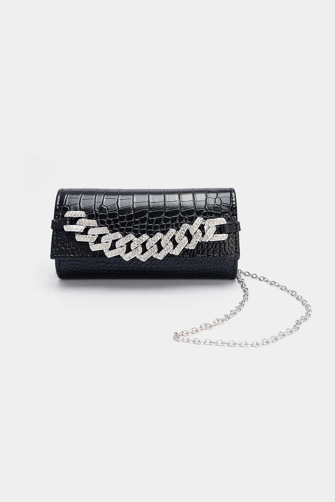 Croc Print Faux Leather Rhinestone Decor Meatllic Chain Cross-Body Bag