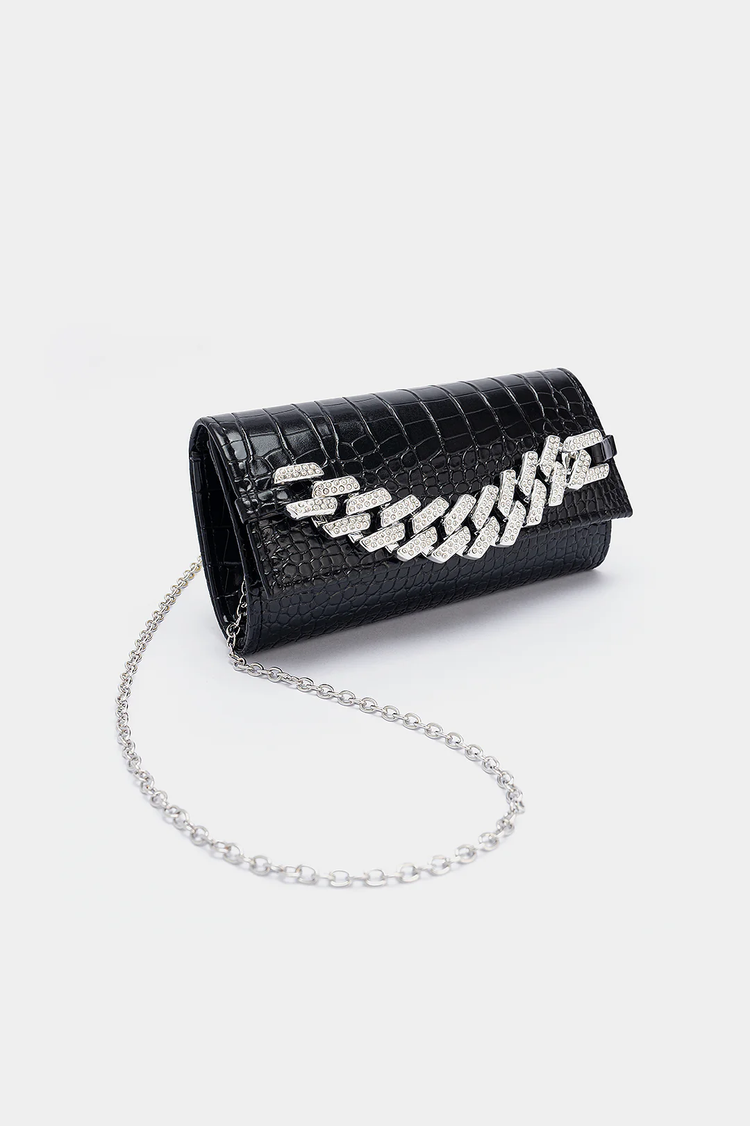 Croc Print Faux Leather Rhinestone Decor Meatllic Chain Cross-Body Bag - Image 2