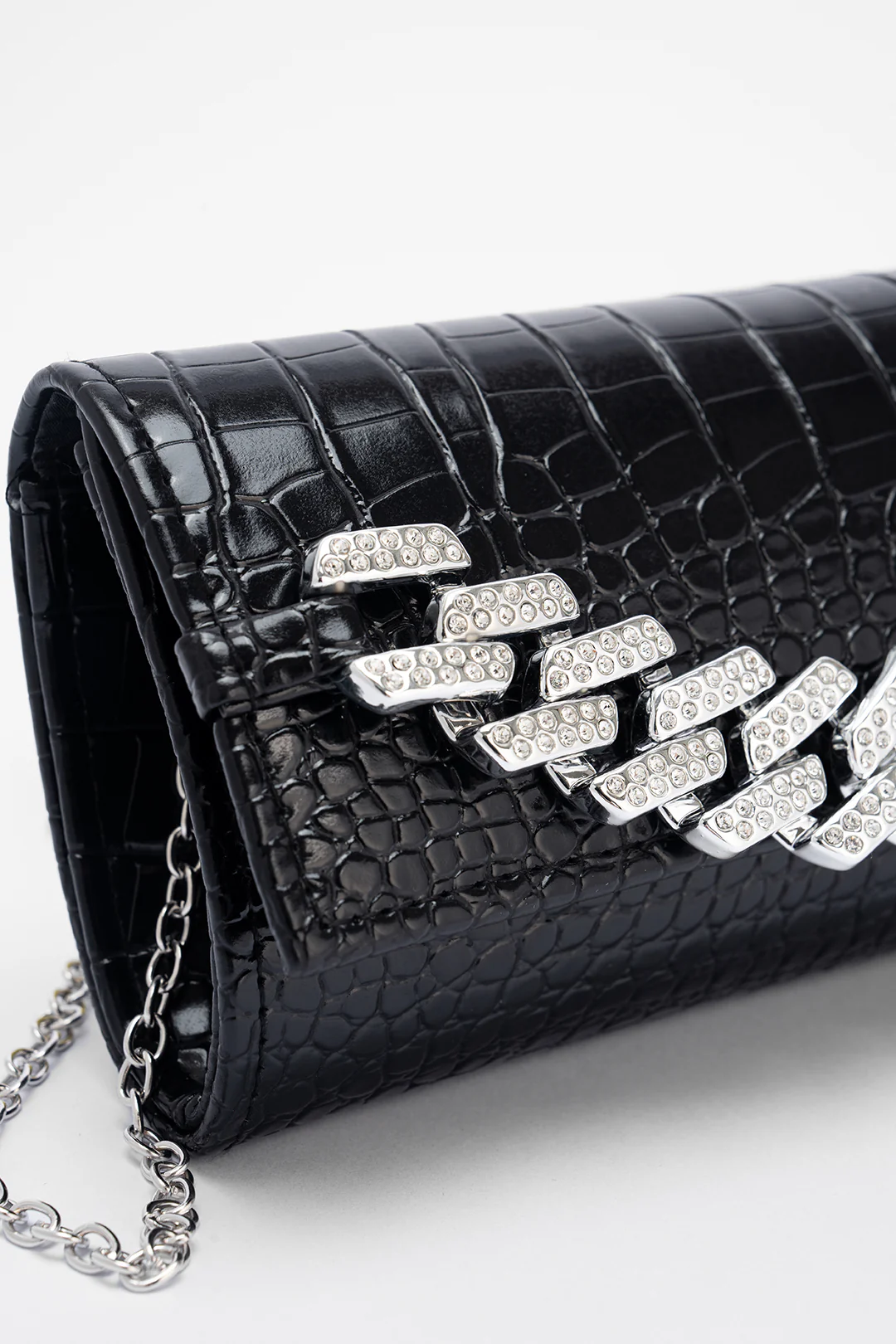 Croc Print Faux Leather Rhinestone Decor Meatllic Chain Cross-Body Bag - Image 4