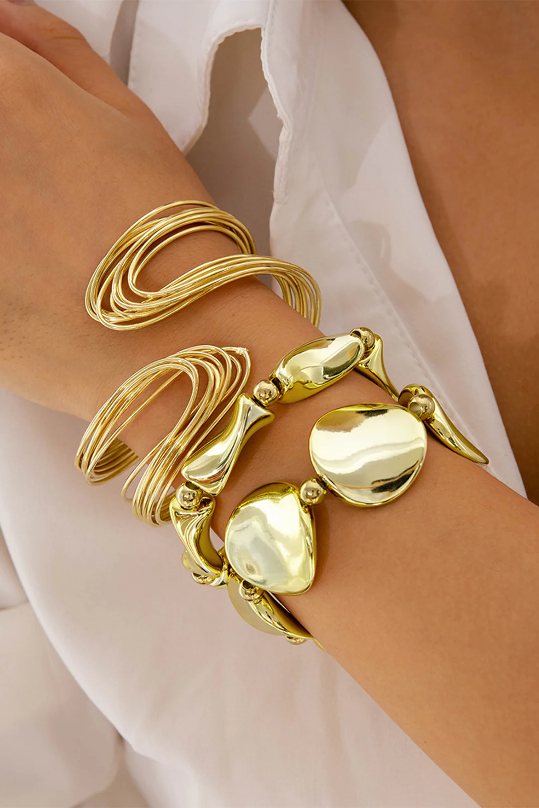 Metal Multilayer Geometric Open Wavy Beaded Bracelet
