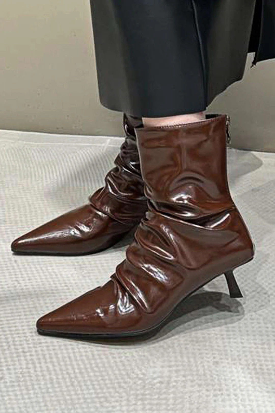 Wrinkled Faux Leather Pointed Ankle Boots - Image 2