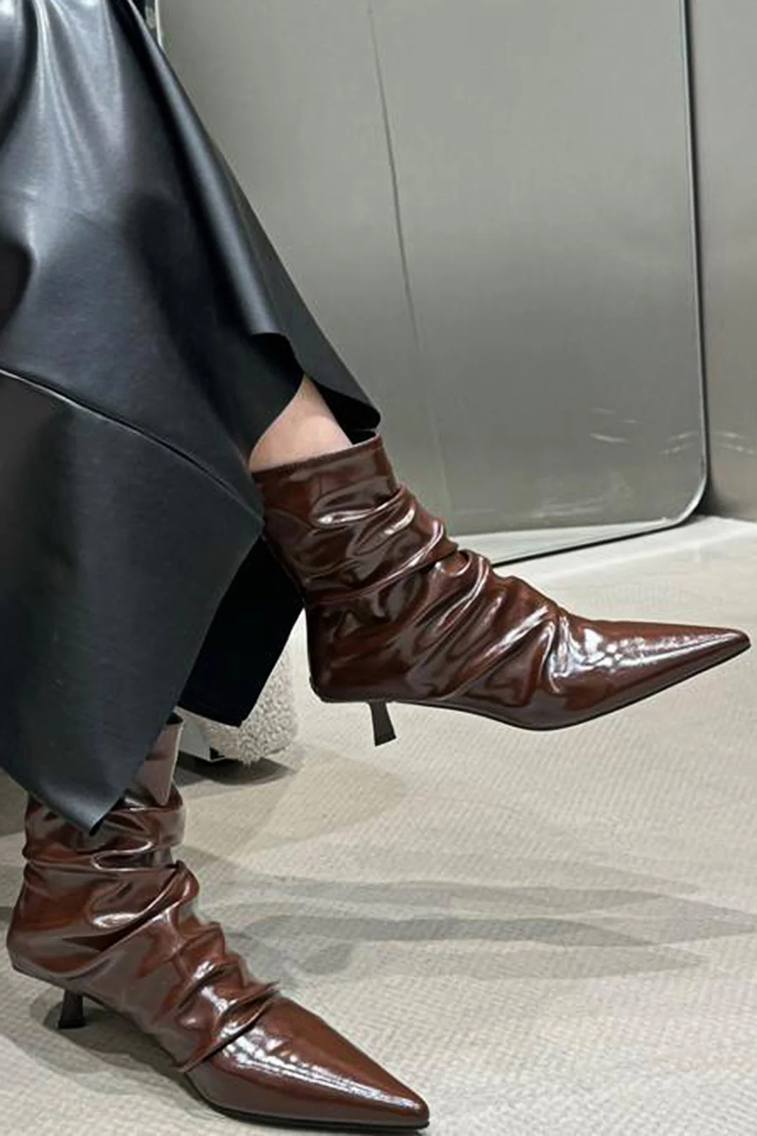 Wrinkled Faux Leather Pointed Ankle Boots - Image 3