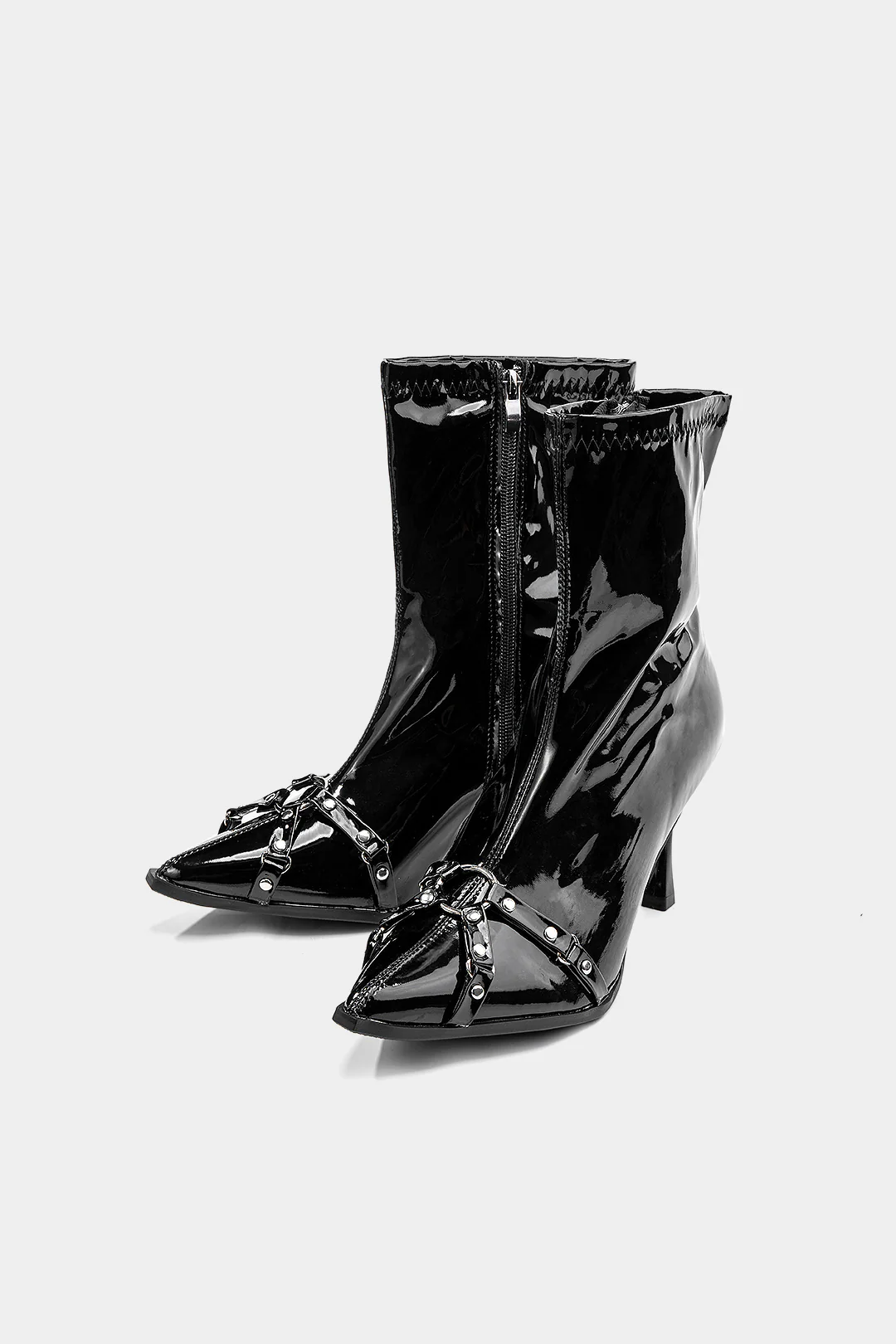 Leather Metallic Buckle Pointed Ankle Boots