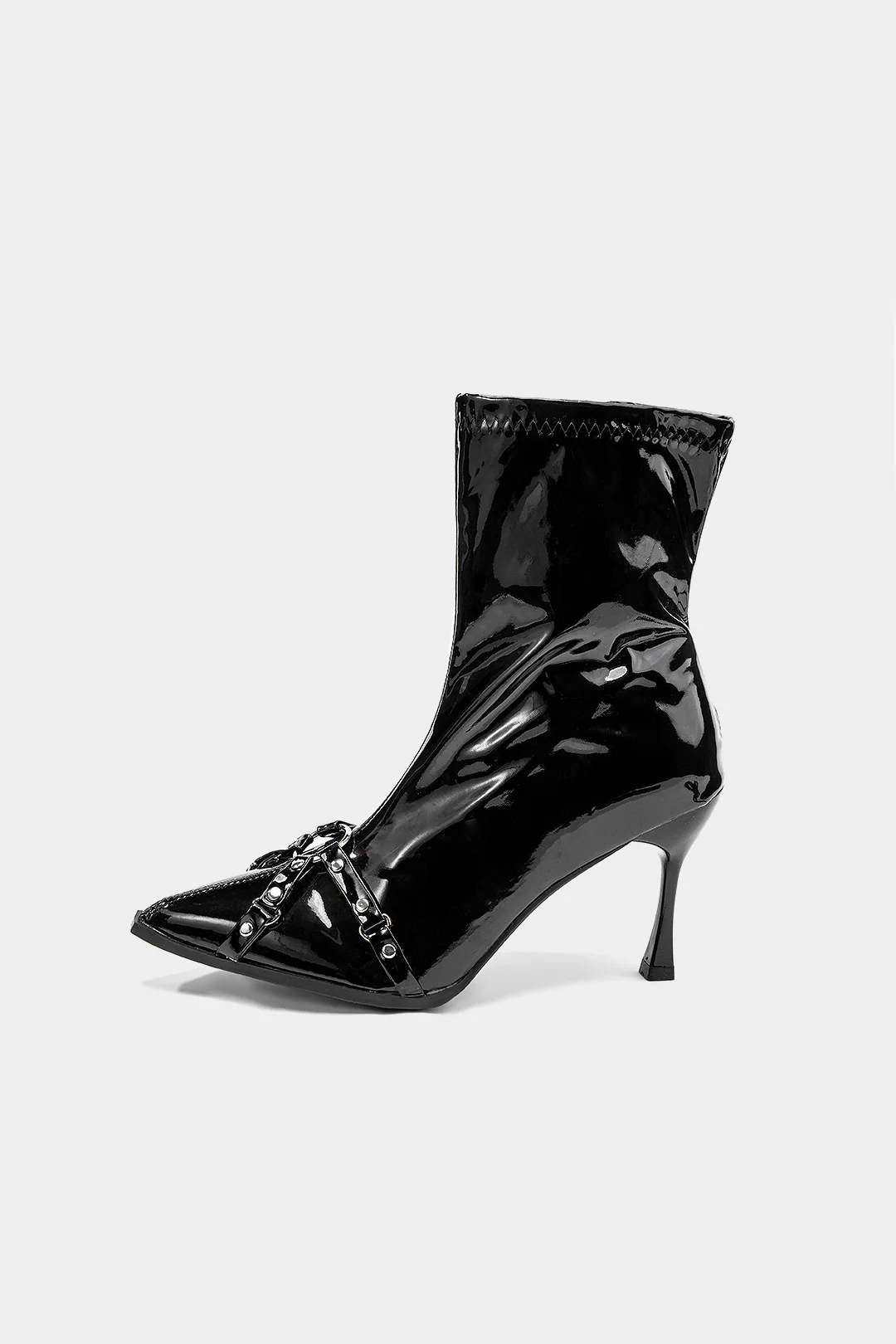 Leather Metallic Buckle Pointed Ankle Boots - Image 3