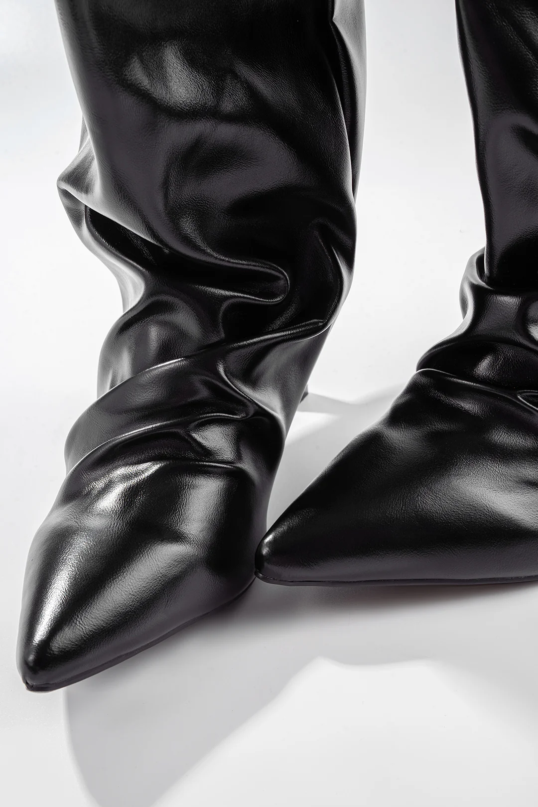Leather Ruched Wrinkled Pointed Ankle Boots - Image 3