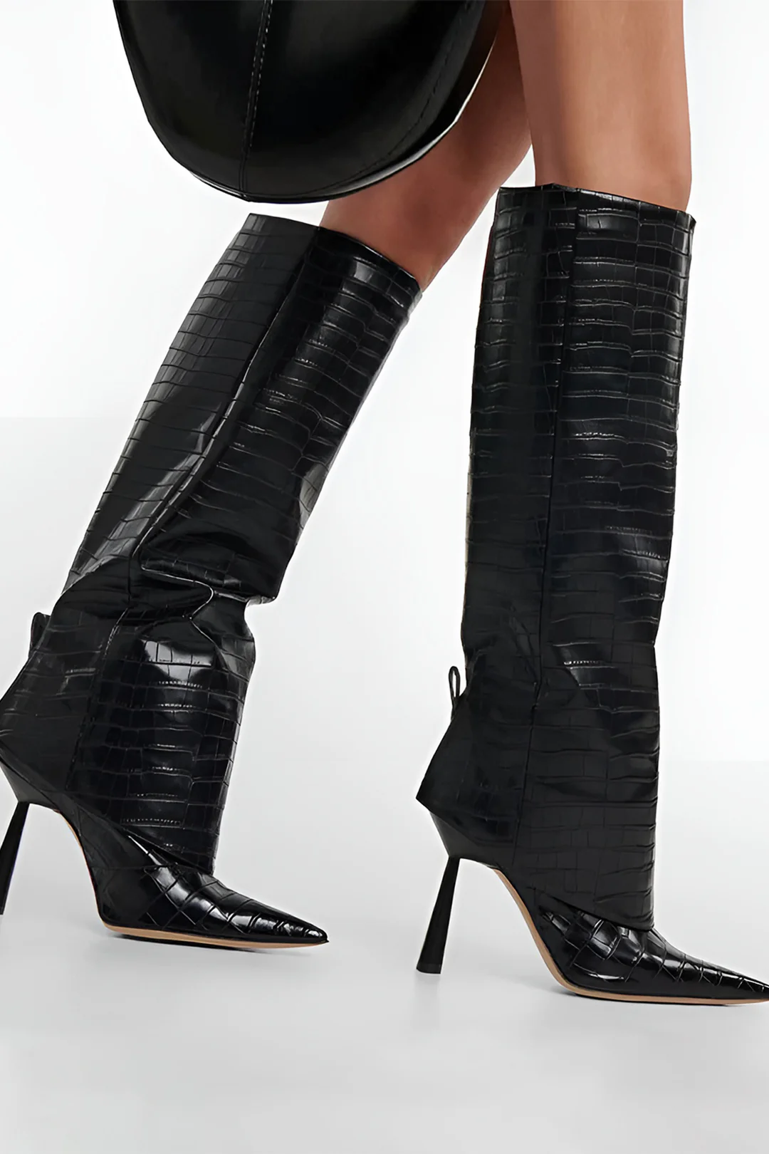 Crocodile Faux Leather Stiletto Pointed Toe Knee High Boots - Image 2