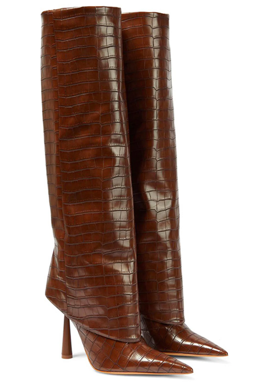 Crocodile Faux Leather Stiletto Pointed Toe Knee High Boots - Image 3