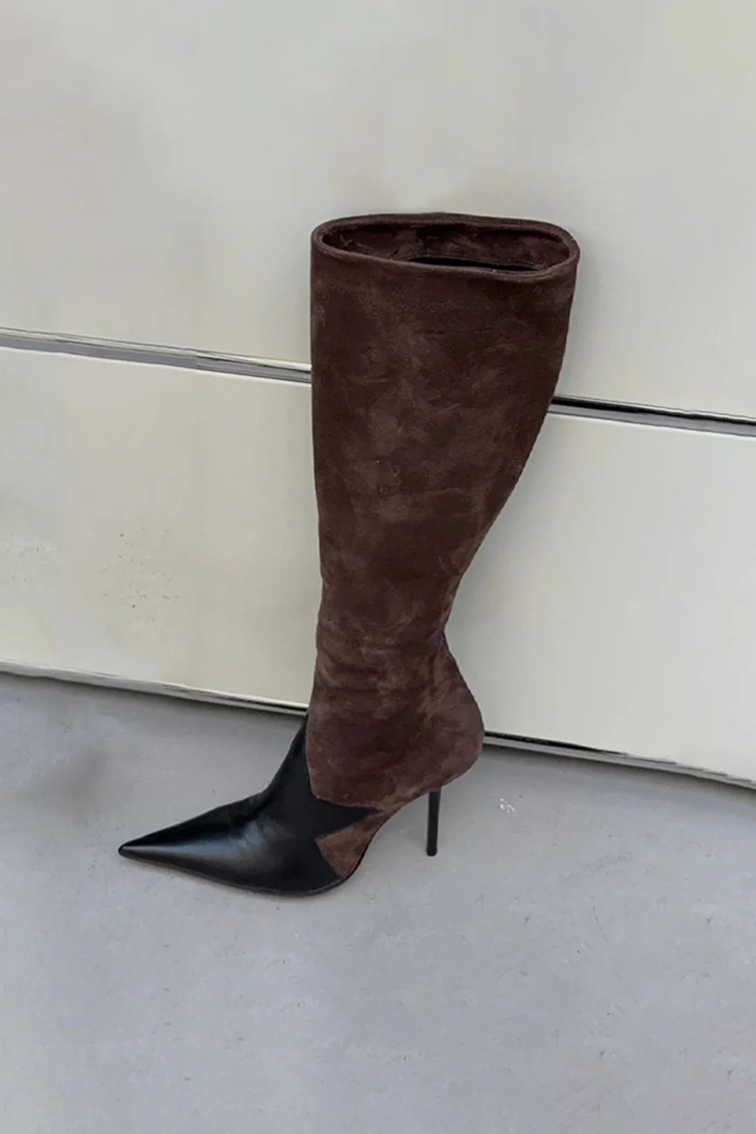 Leather Patchwork Side Zipper Pointed High Heel Over The Knee Boots - Image 5