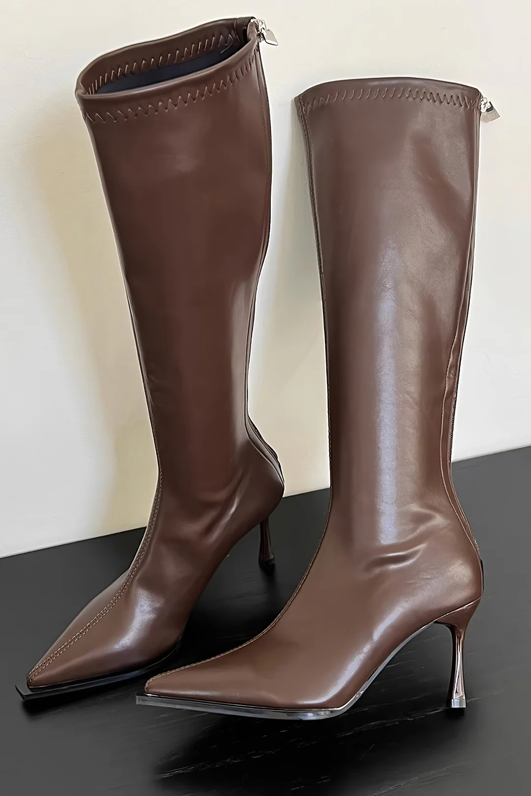 Leather Zipper Pointed Toe Knee High Boots - Image 2