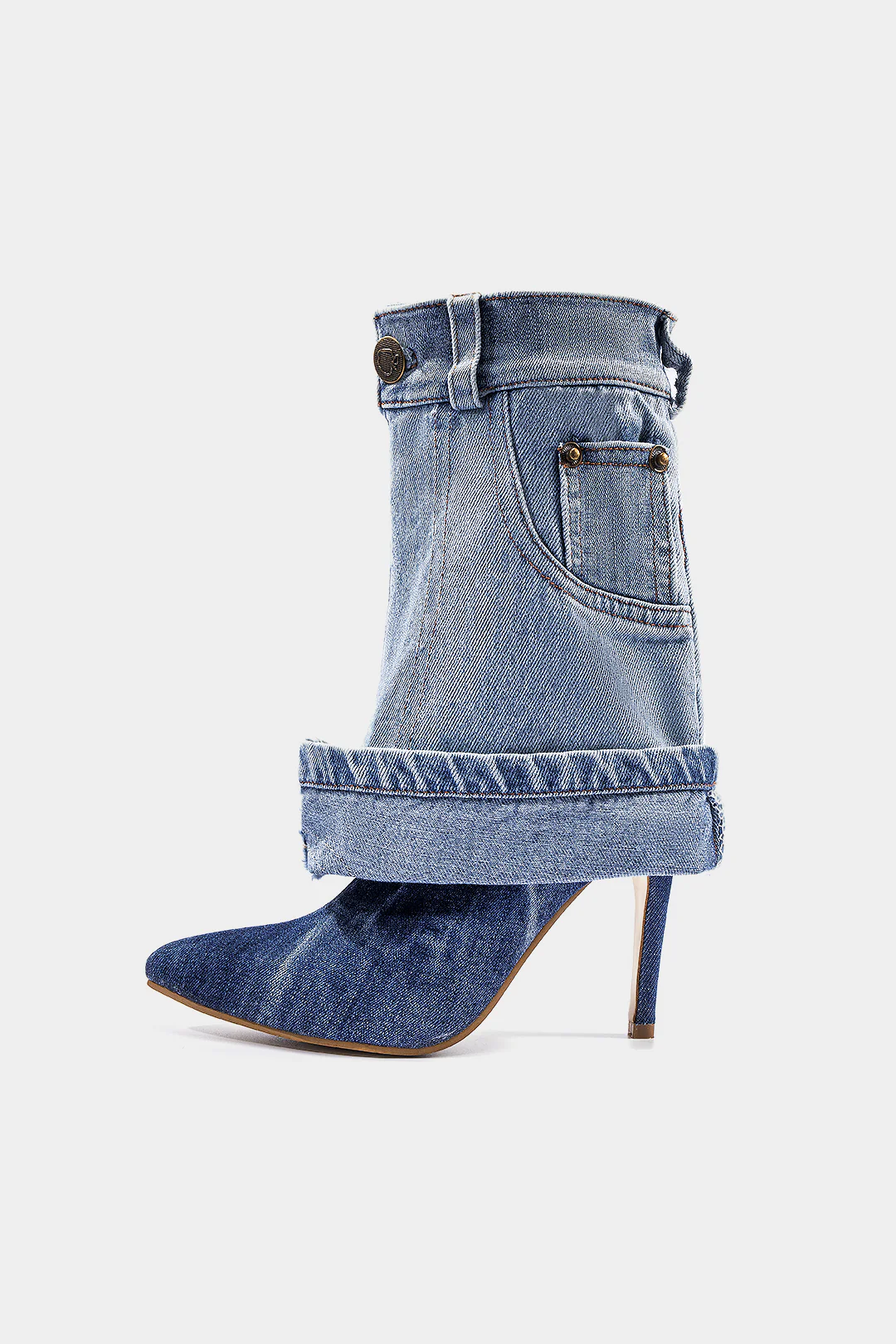 Washed Denim Wrinkled Patchwork Pointed Mid Calf Boots - Image 2