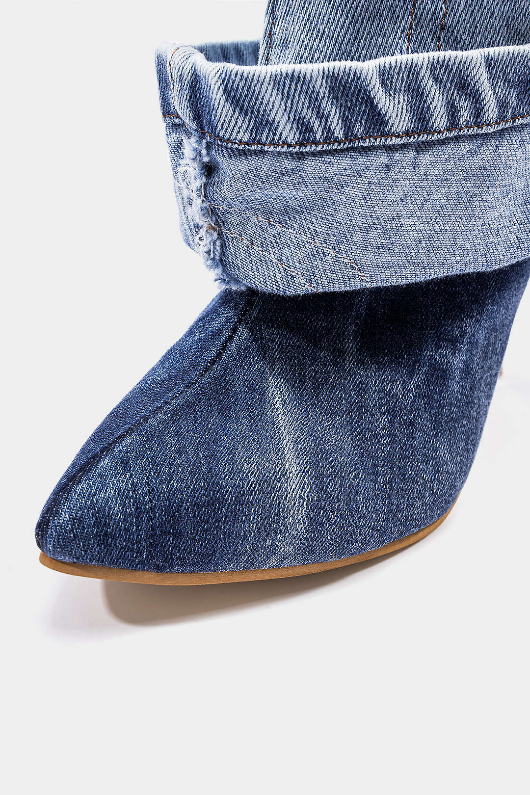 Washed Denim Wrinkled Patchwork Pointed Mid Calf Boots - Image 3