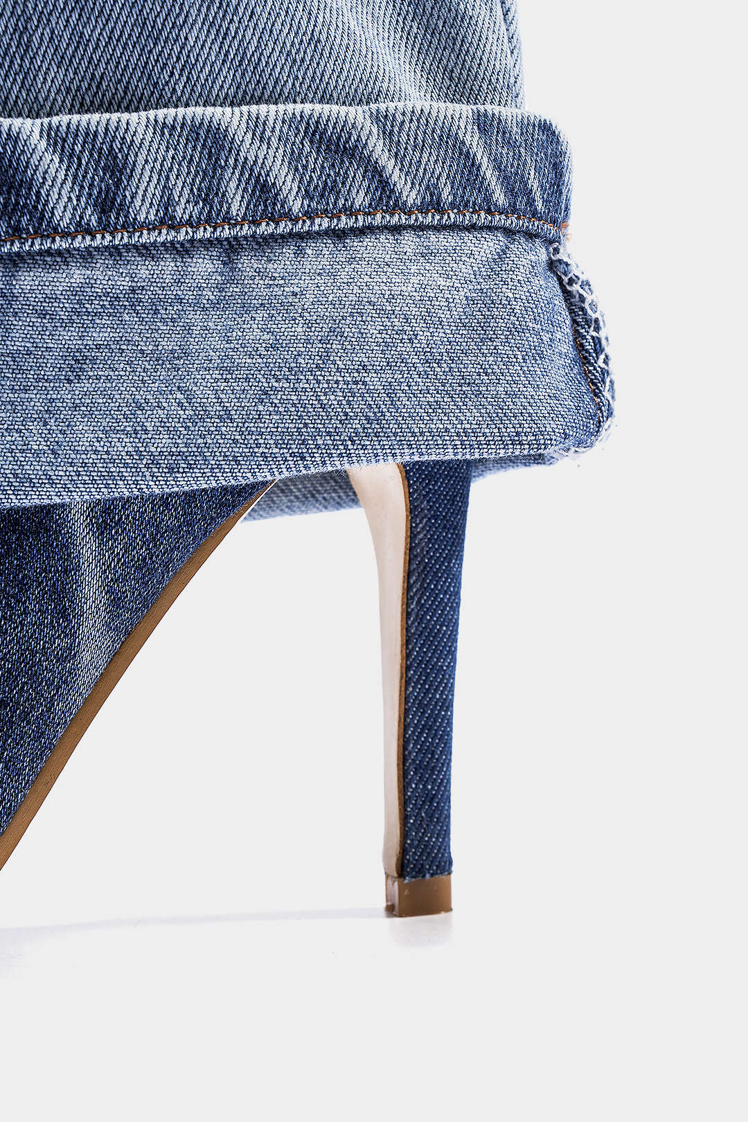 Washed Denim Wrinkled Patchwork Pointed Mid Calf Boots - Image 4