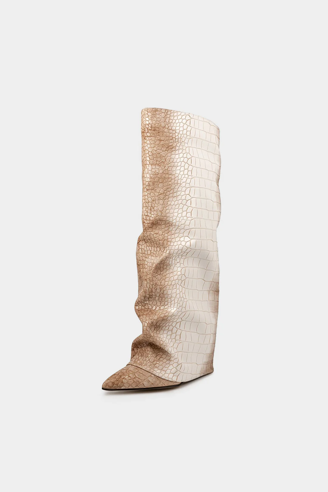 Ombre Crocodile Skin Leather Ruched Zipper Pointed Mid Calf Boots - Image 2