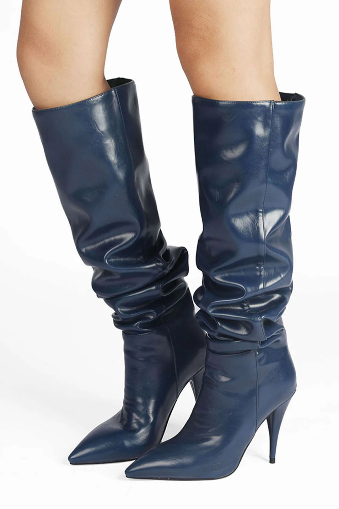 Ruched Faux Leather Pointed Toe Knee High Boots - Image 3