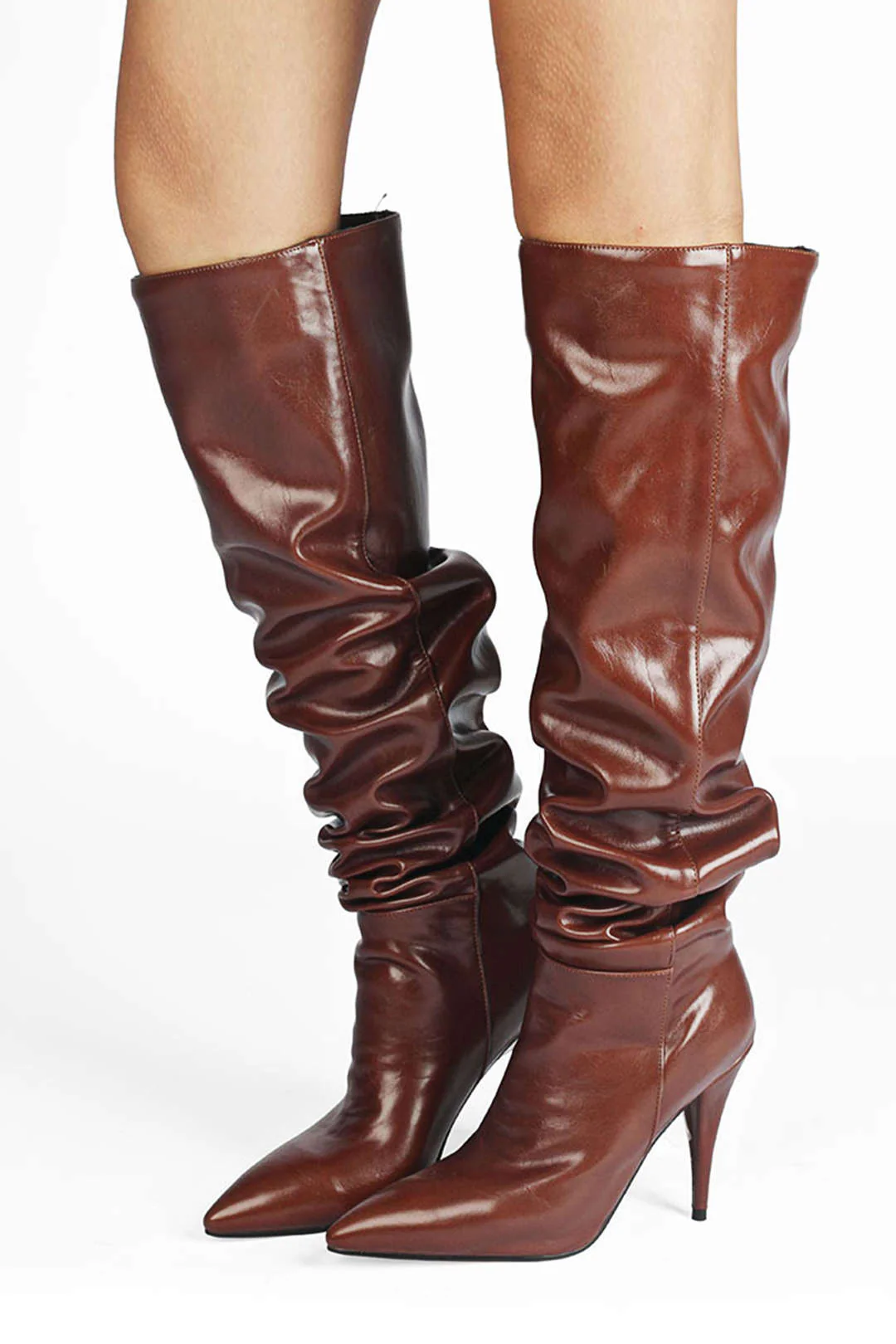 Ruched Faux Leather Pointed Toe Knee High Boots - Image 4