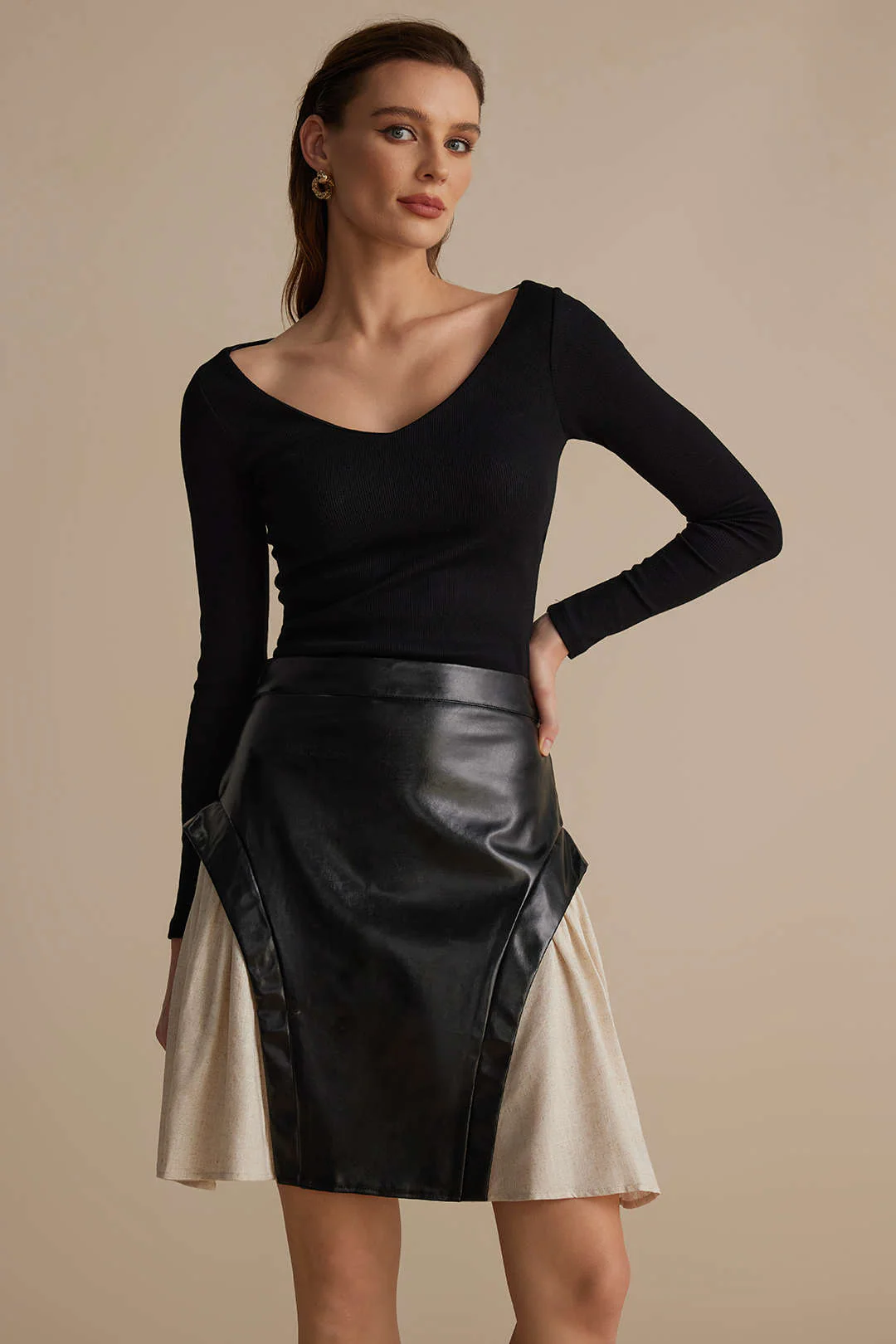Color Block Patchwork Ruched Zipper Skirt - Image 5
