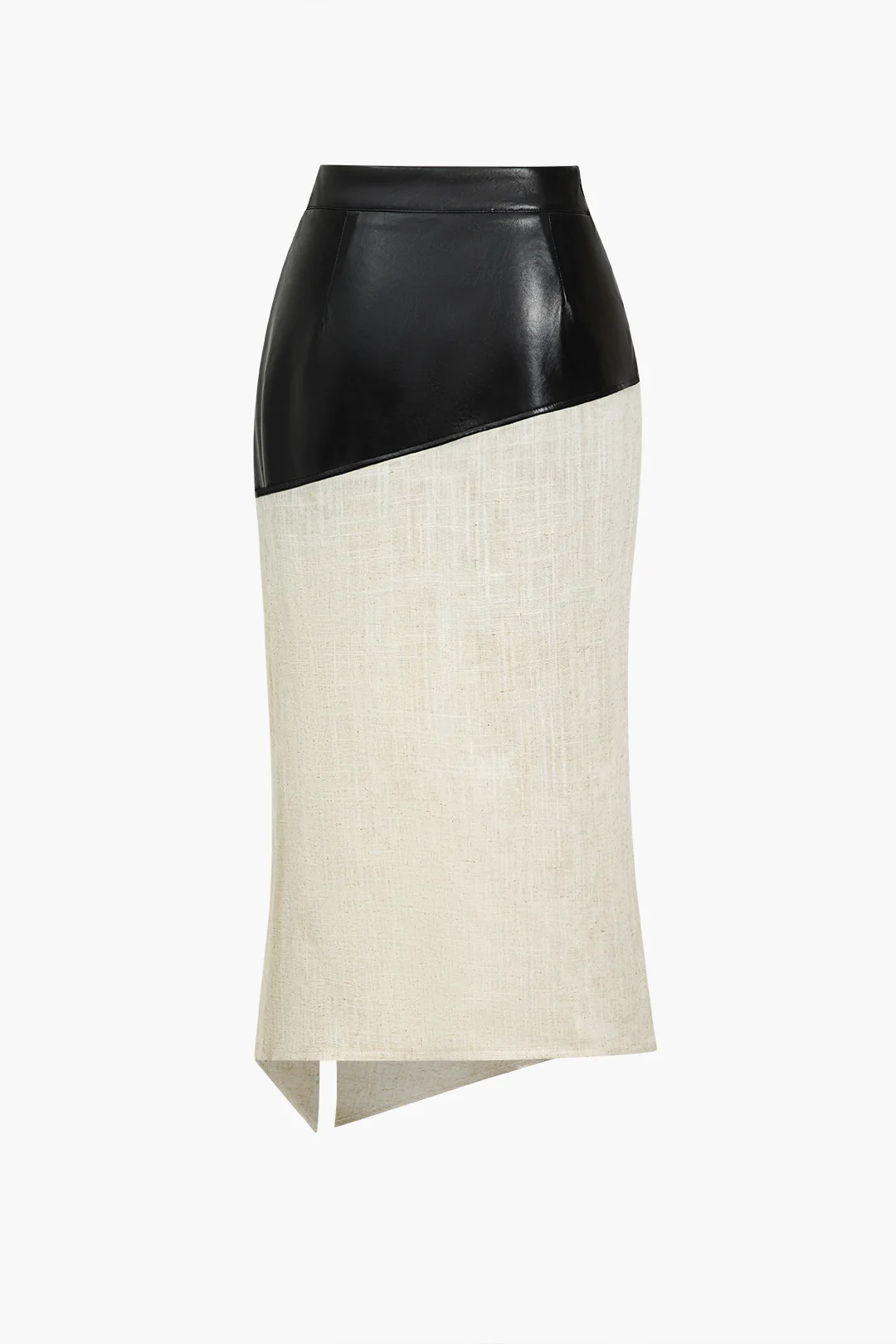 Contrast Faux Leather And Linen Slit Asymmetrical Skirt - Image 5