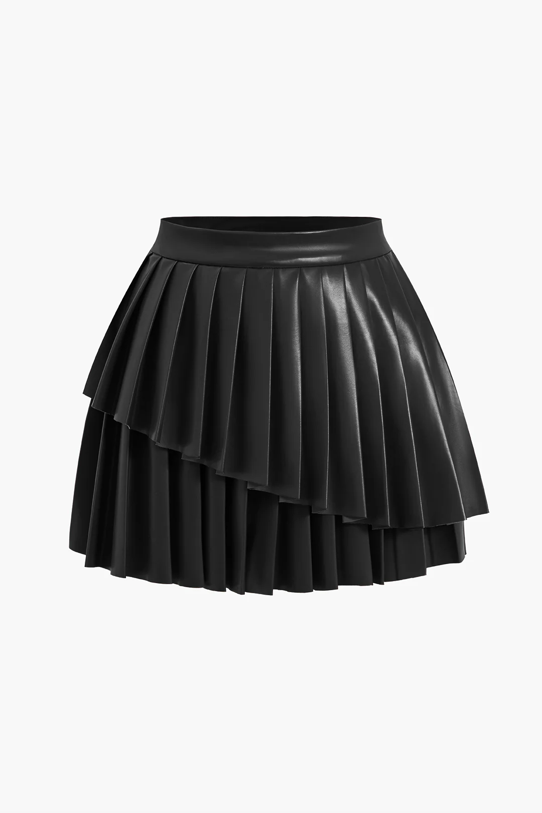 Solid Faux Leather Pleated Asymmetrical Skirt - Image 4