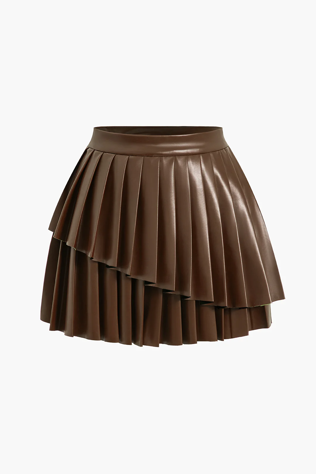 Solid Faux Leather Pleated Asymmetrical Skirt - Image 6