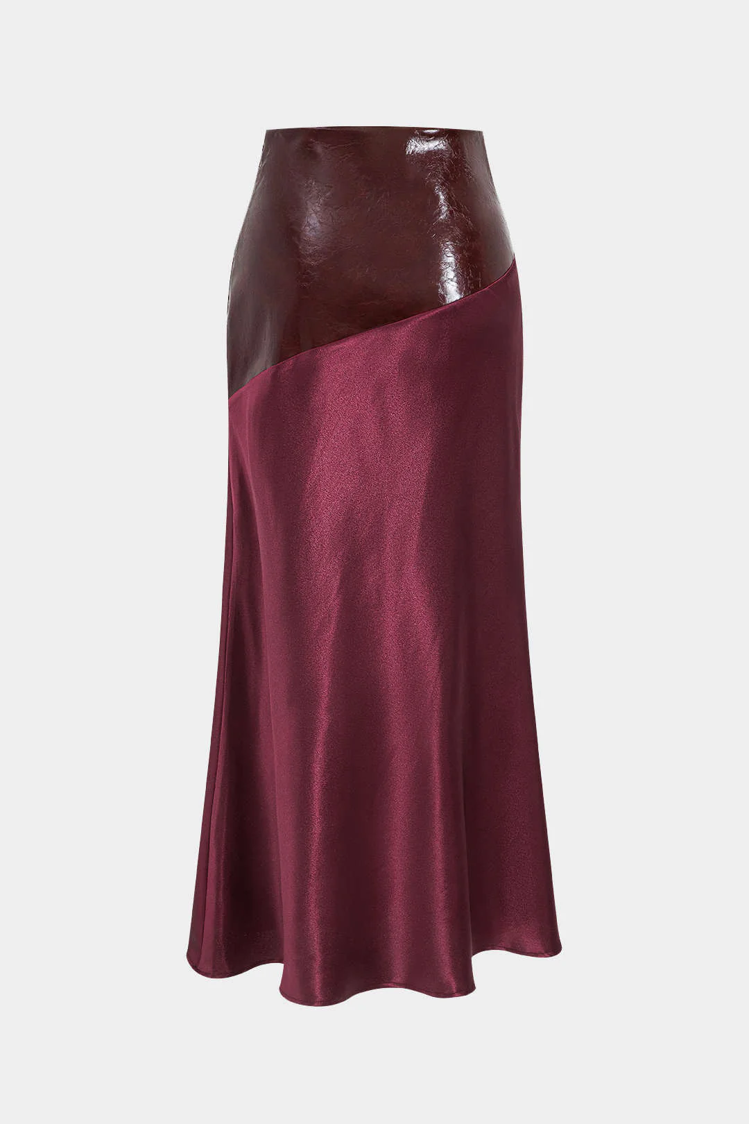 Satin Patchwork Faux Leather Asymmetrical Skirt - Image 2