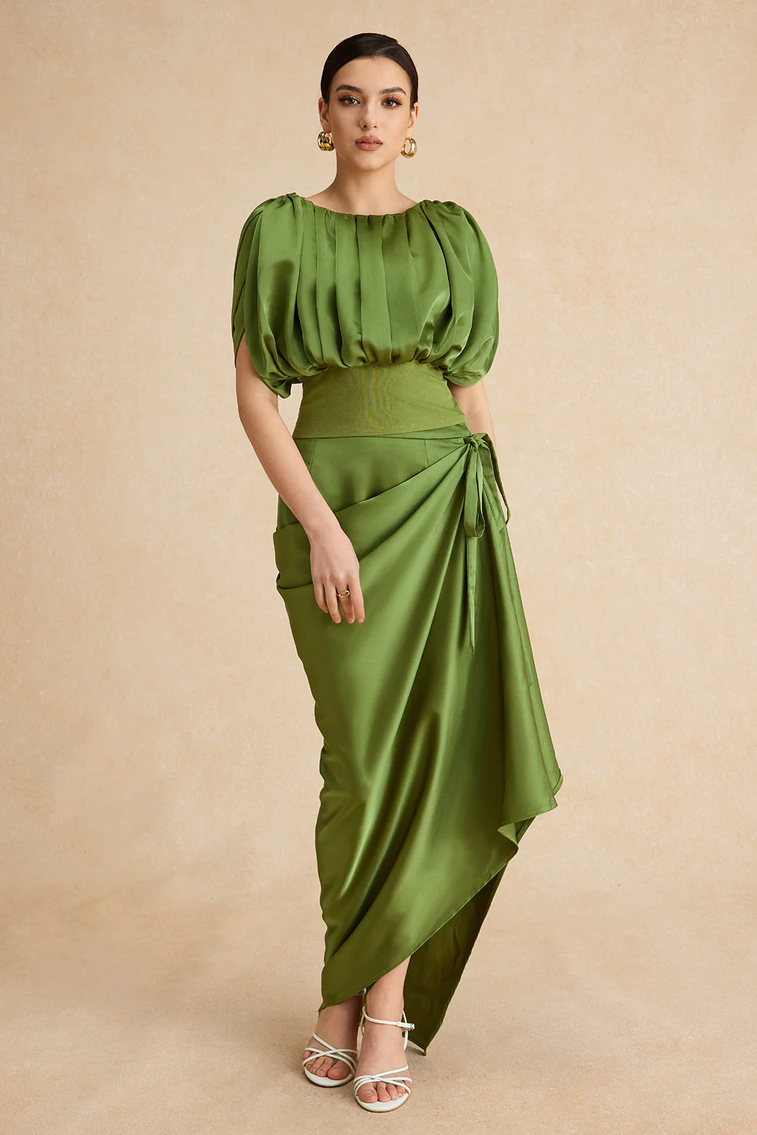 Satin Asymmetrical Ruched Tie Knot Zipper Skirt - Image 6