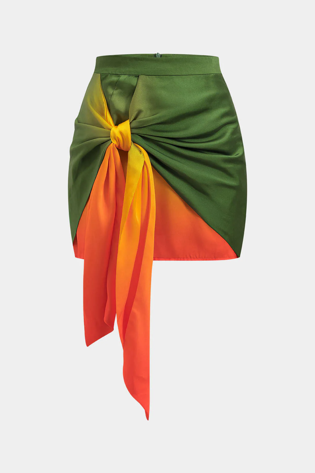 Ombre Print Satin Ruched Tie Front Zipper Skirt - Image 11