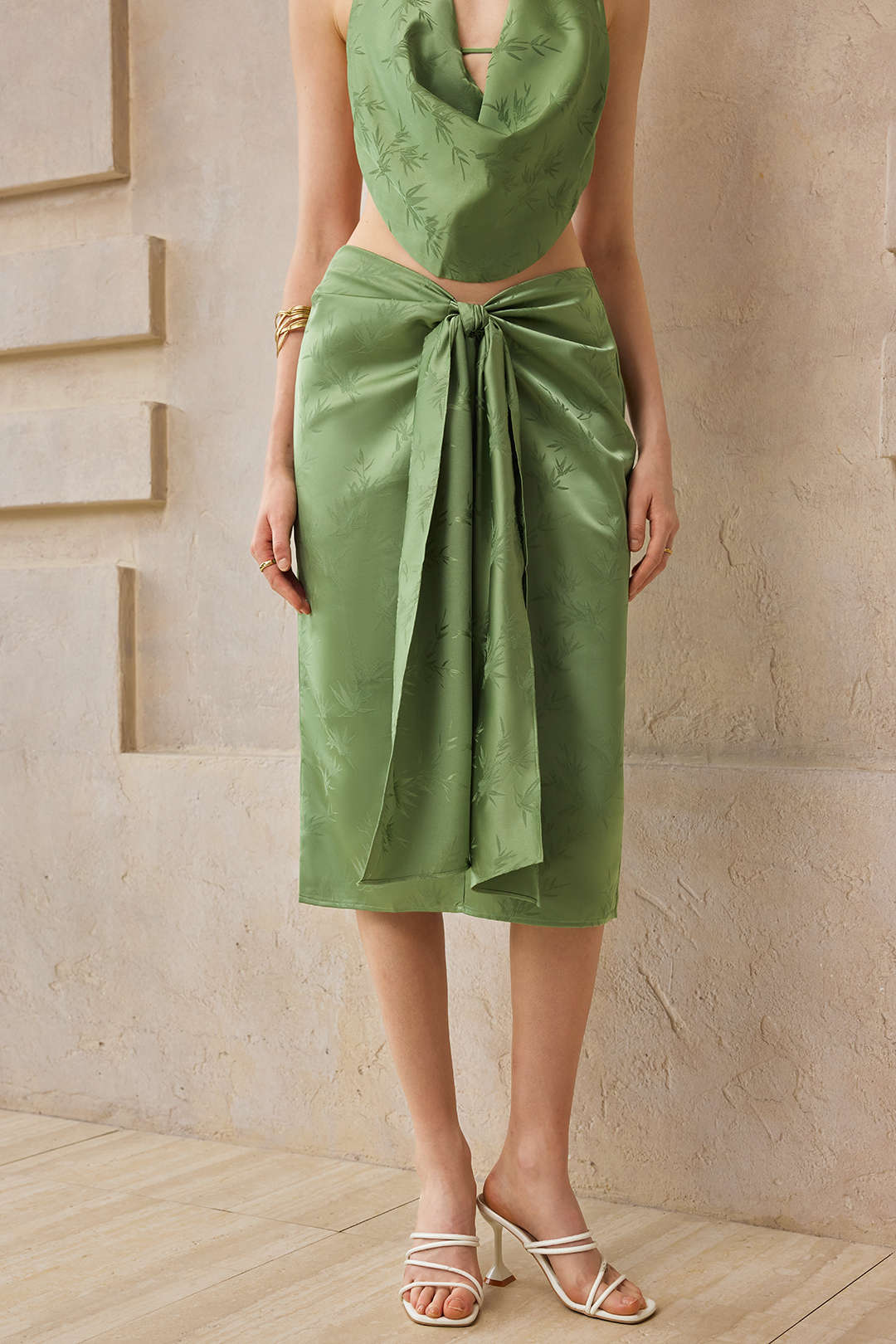 Jacquard Ruched Tie Front Split Skirt - Image 6
