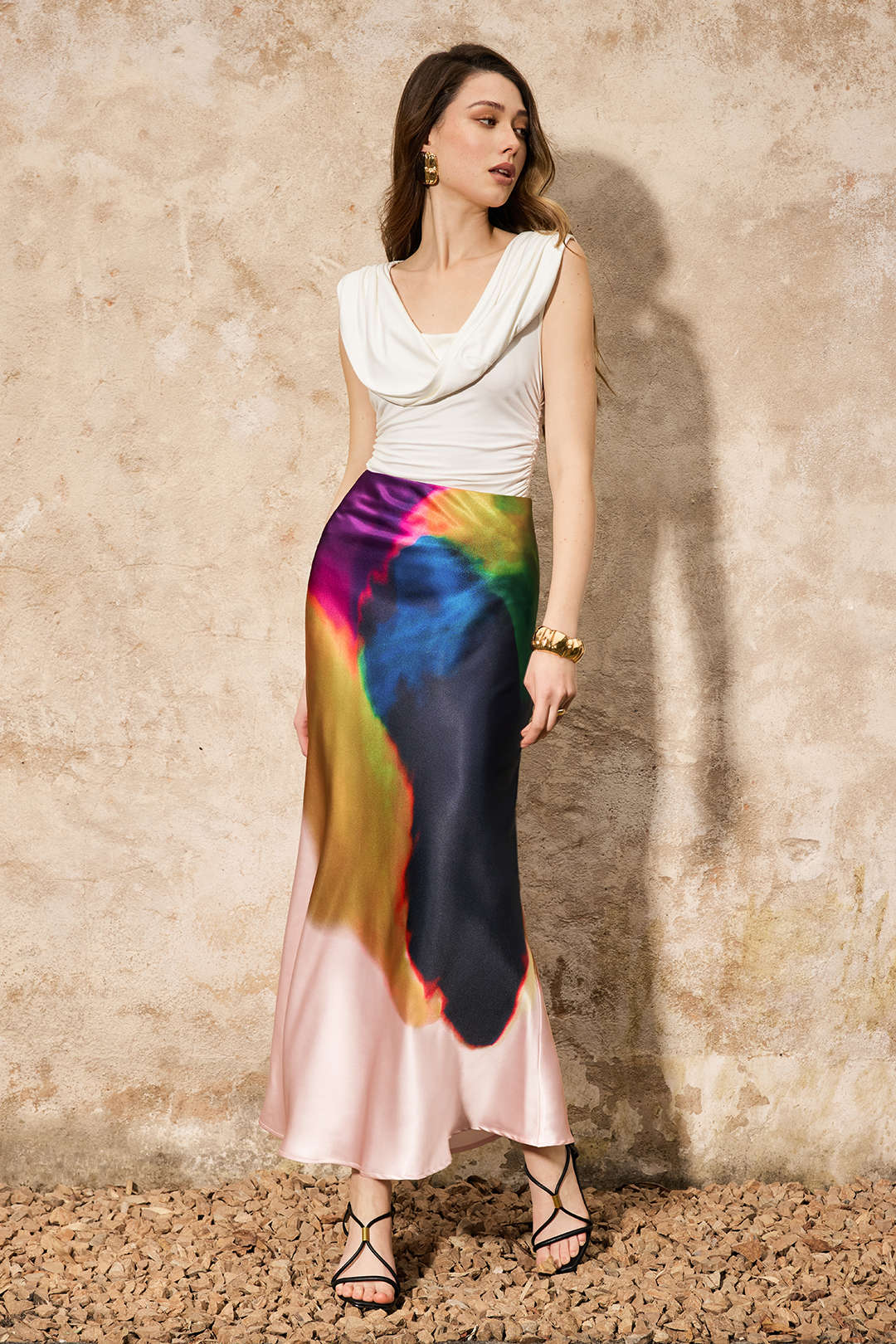 Contrast Print Satin Zipper Skirt - Image 6