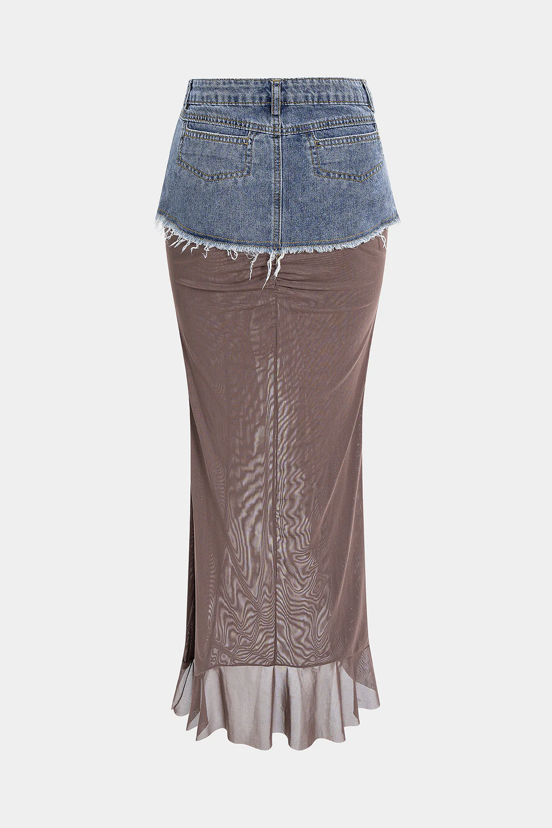 Denim Mesh Patchwork Frayed Ruched Ruffle Slit Skirt - Image 2