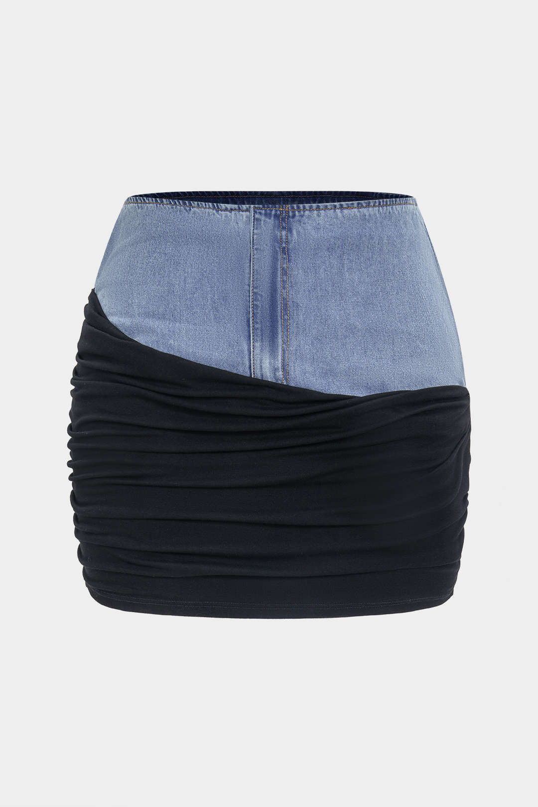 Plus Size Denim Ruched Patchwork Zipper High Waist Skirt