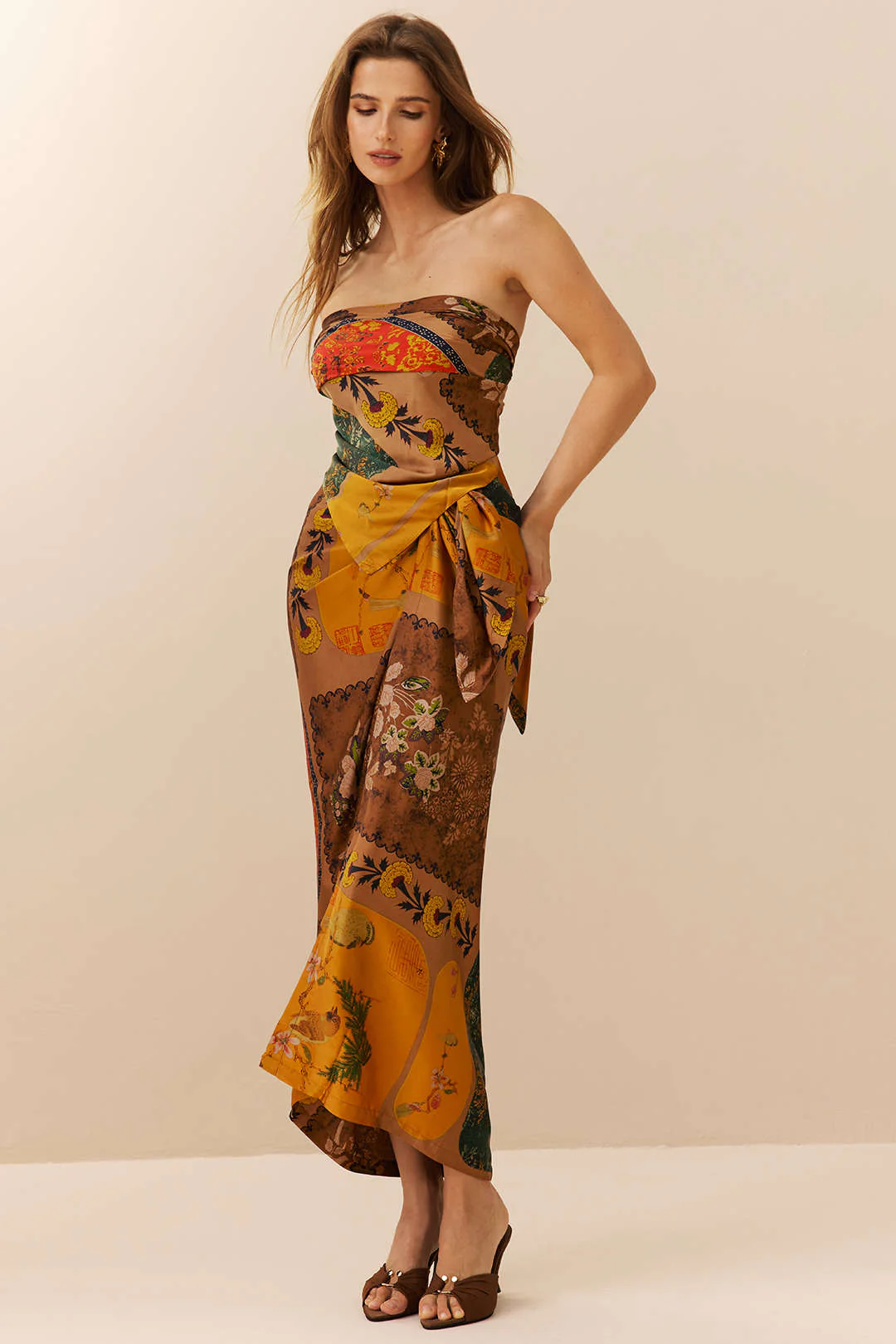 Retro Print Satin Tie Front Skirt - Image 4
