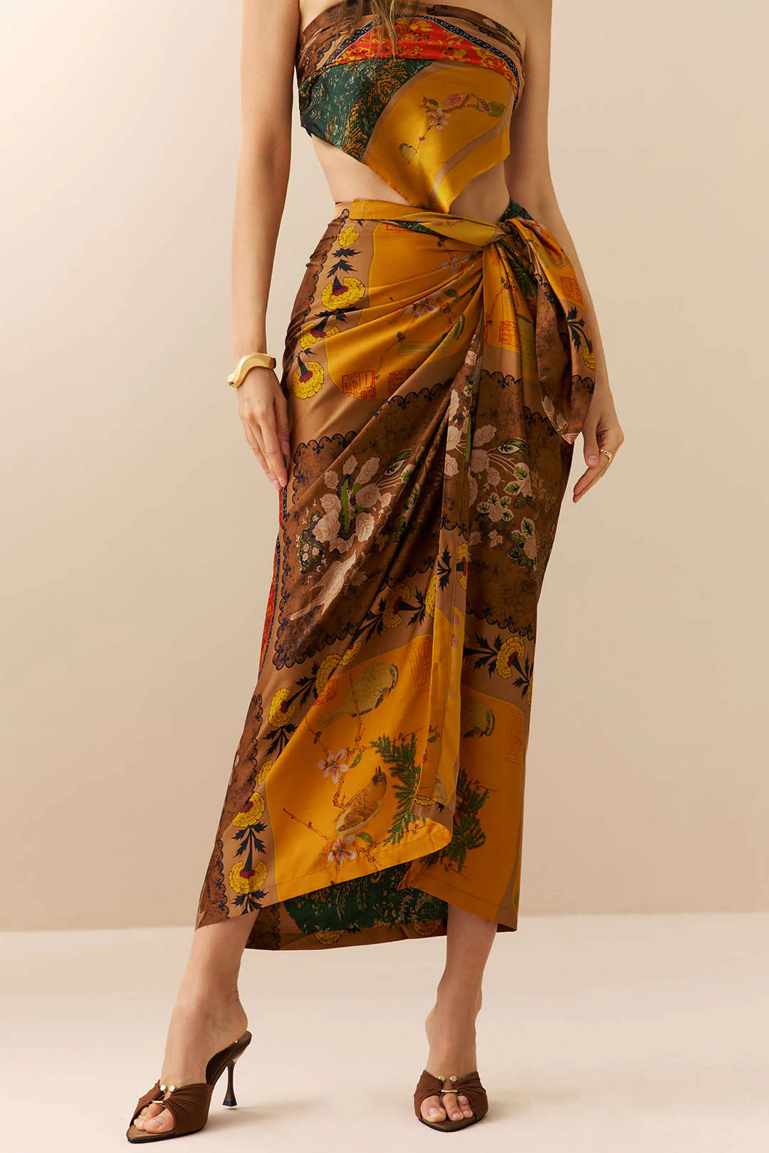 Retro Print Satin Tie Front Skirt - Image 5