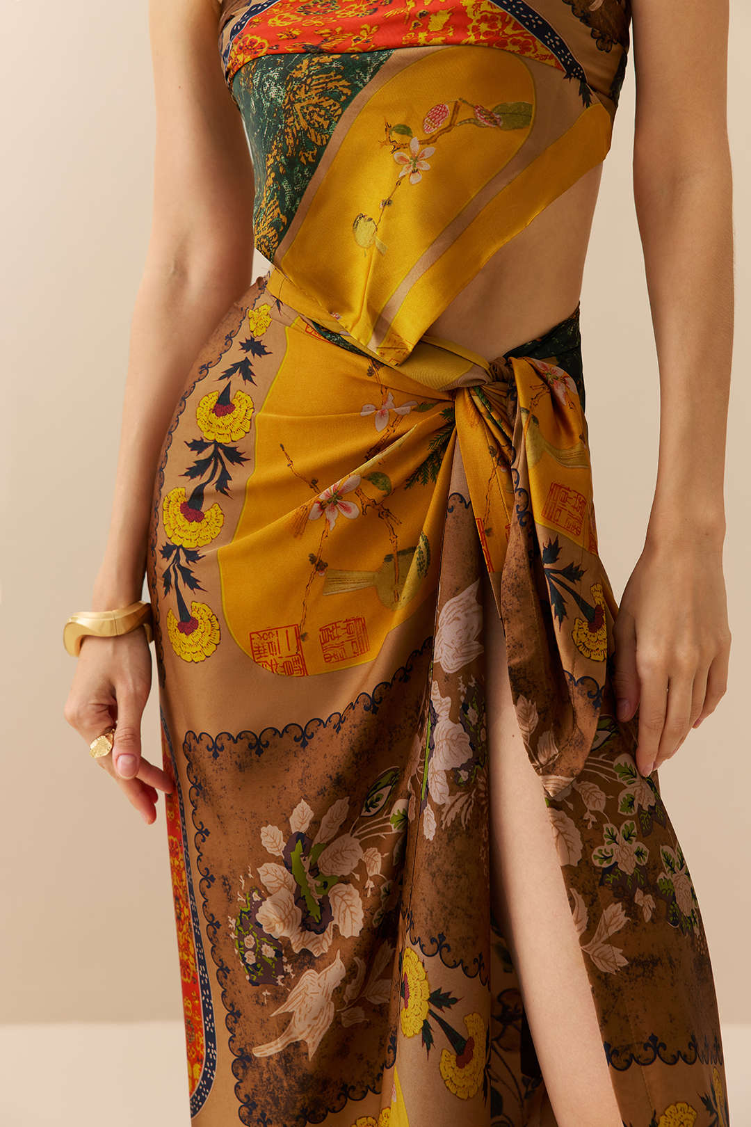 Retro Print Satin Tie Front Skirt - Image 6