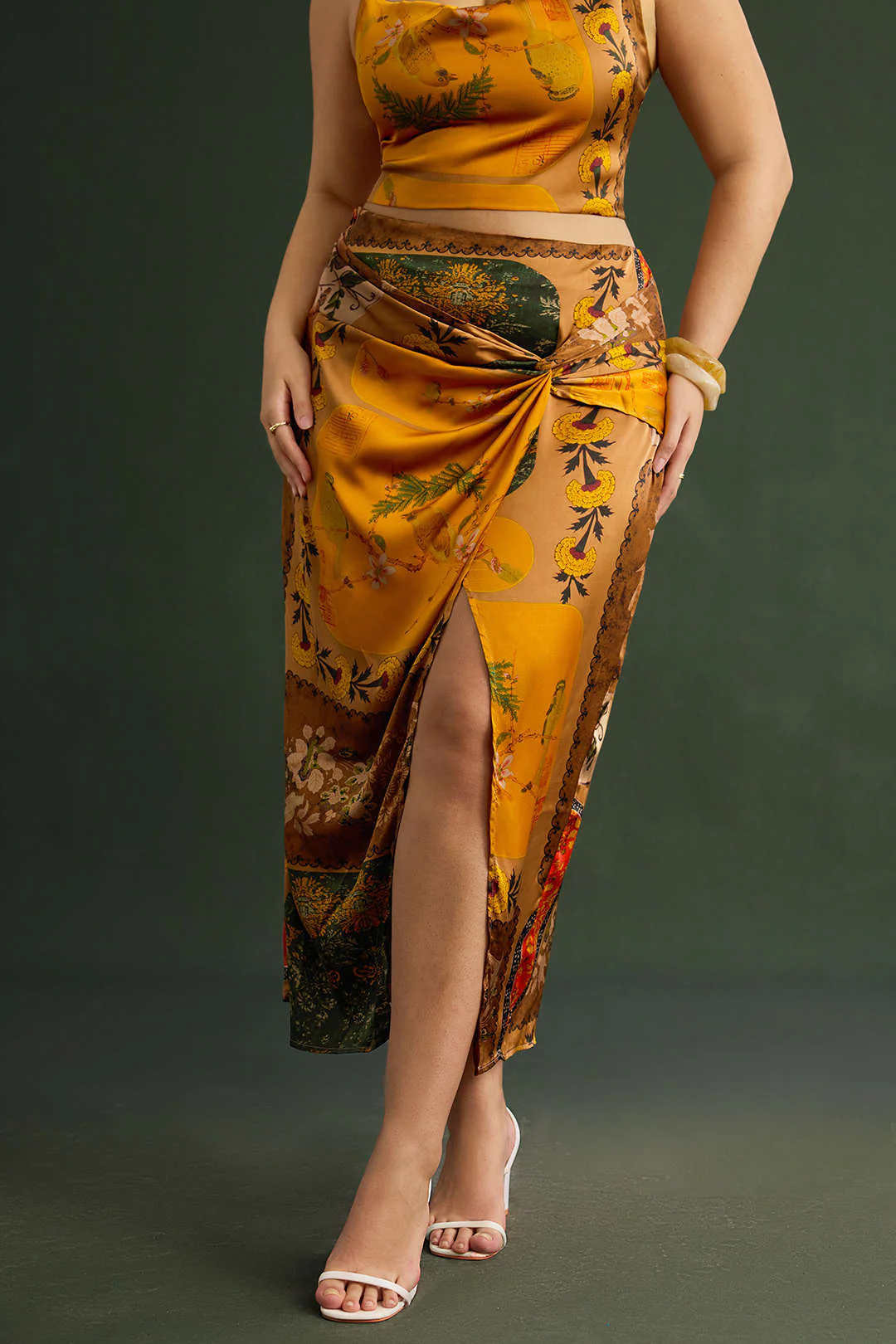 Plus Size Bohemian Print Zipper High Waist Twist Knot Skirt