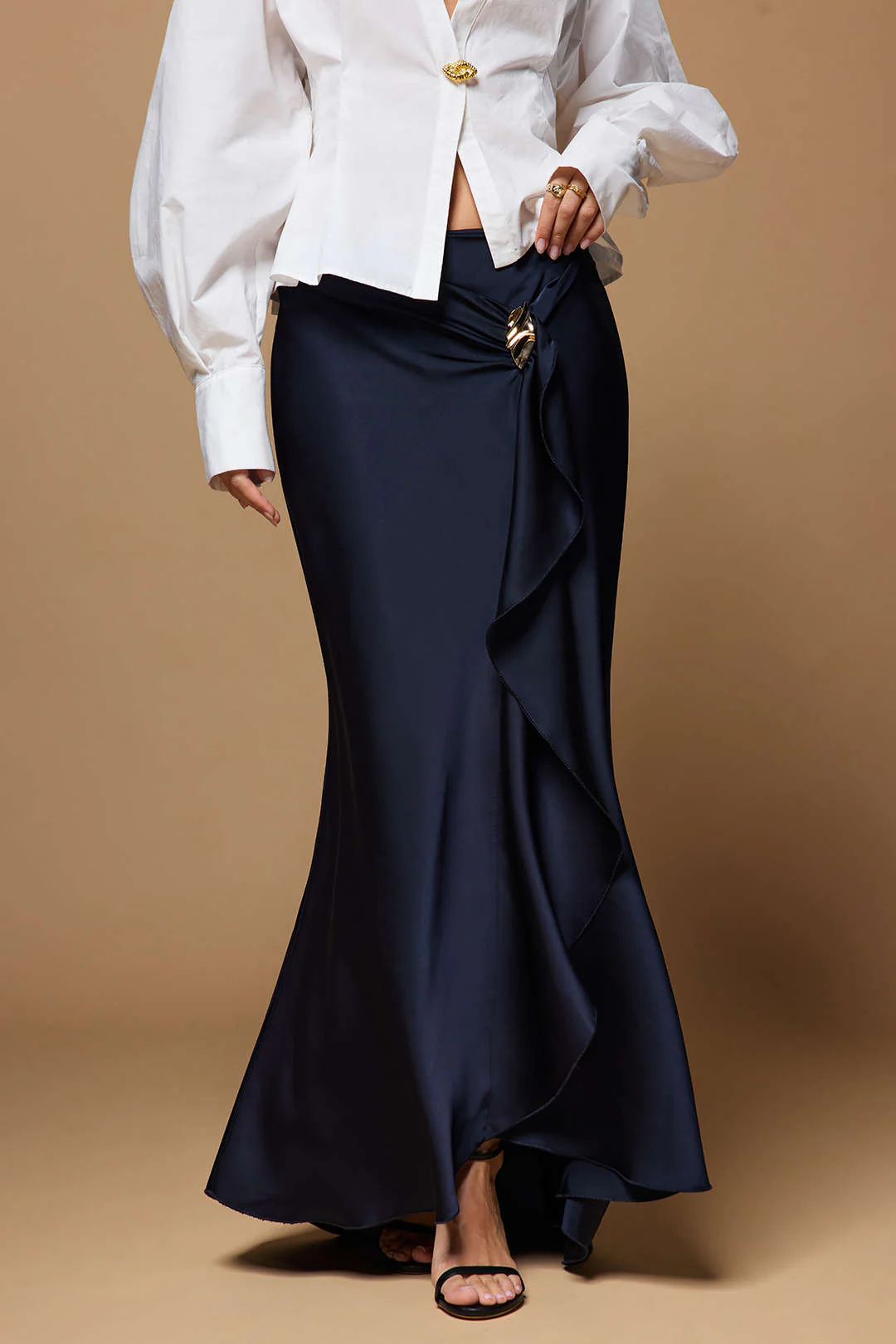 Satin Ruffle Ruched Asymmetrical Skirt - Image 8