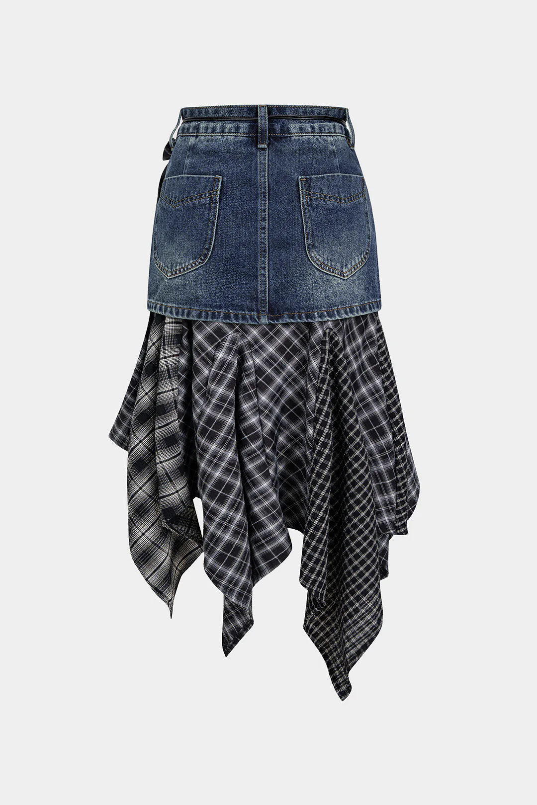 Denim Plaid Print Patchwork Irregular Hem Skirt - Image 2