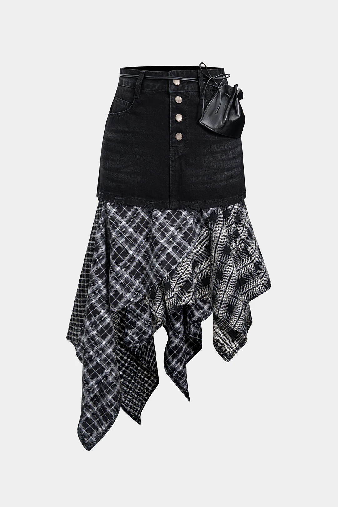 Denim Plaid Print Patchwork Irregular Hem Skirt - Image 6