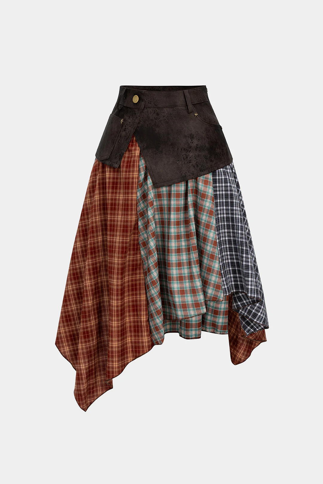 Plaid Contrast Print Faux Leather Patchwork Irregular Hem Skirt - Image 10