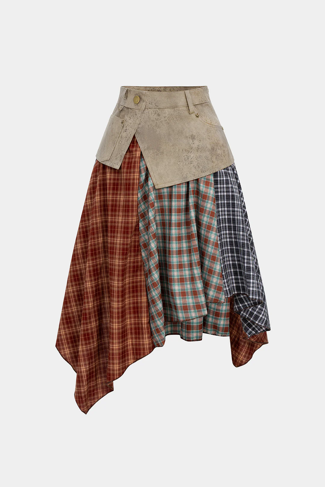 Plaid Contrast Print Faux Leather Patchwork Irregular Hem Skirt - Image 11
