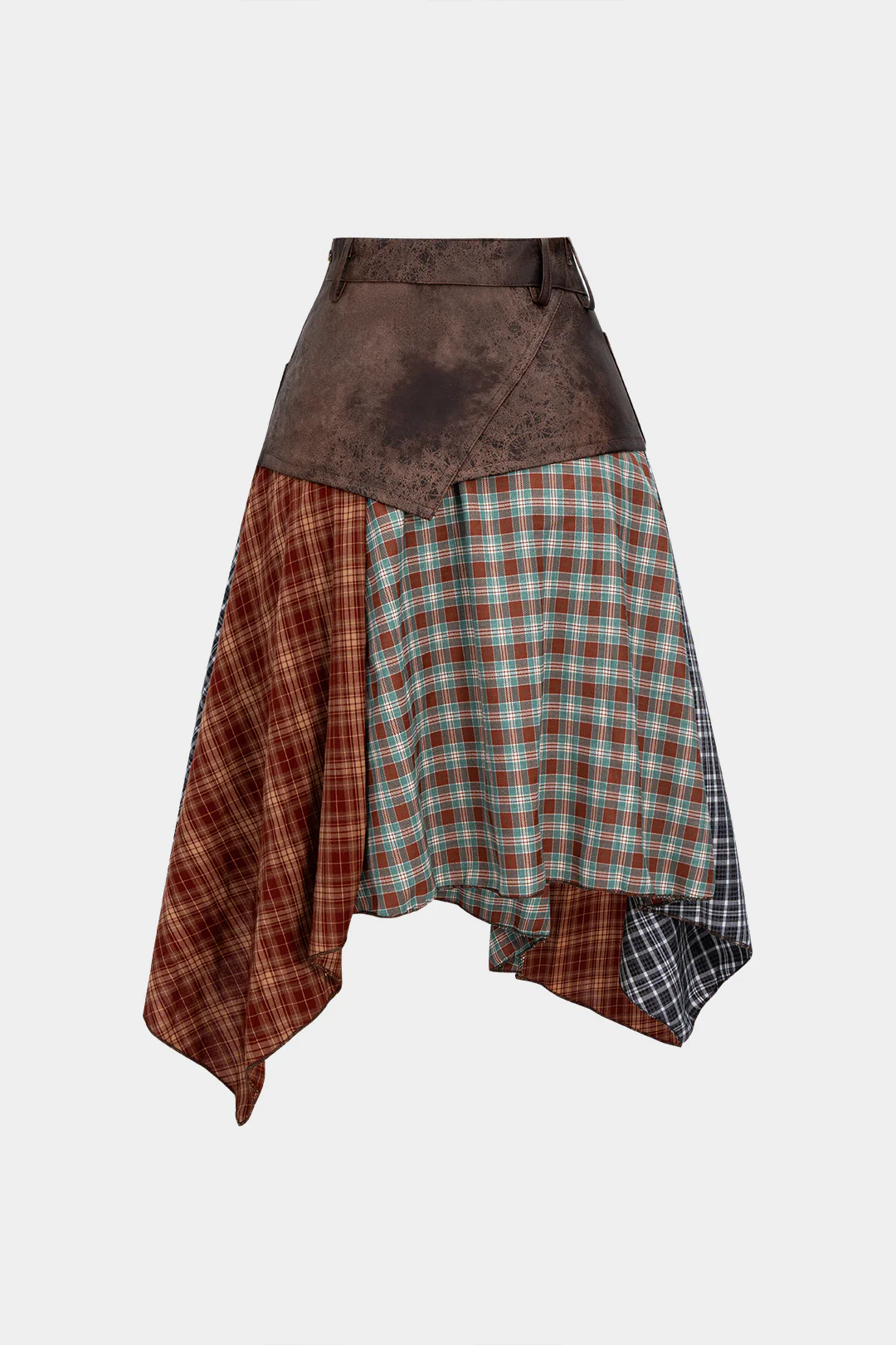 Plaid Contrast Print Faux Leather Patchwork Irregular Hem Skirt - Image 2
