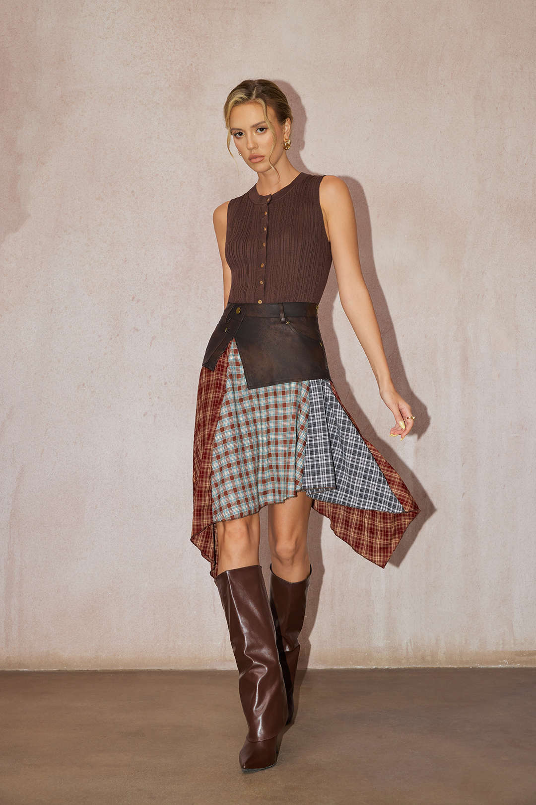 Plaid Contrast Print Faux Leather Patchwork Irregular Hem Skirt - Image 5