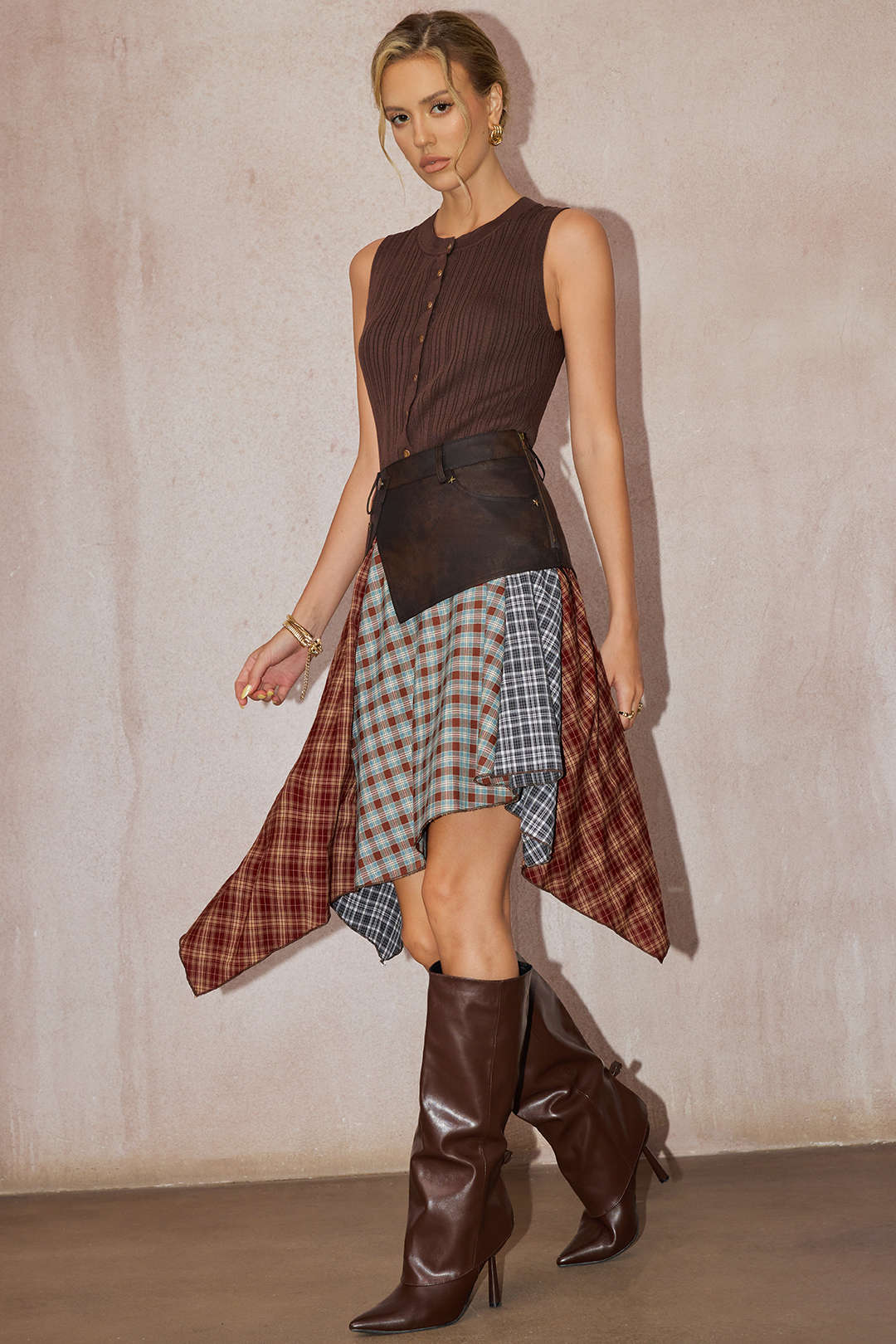 Plaid Contrast Print Faux Leather Patchwork Irregular Hem Skirt - Image 6