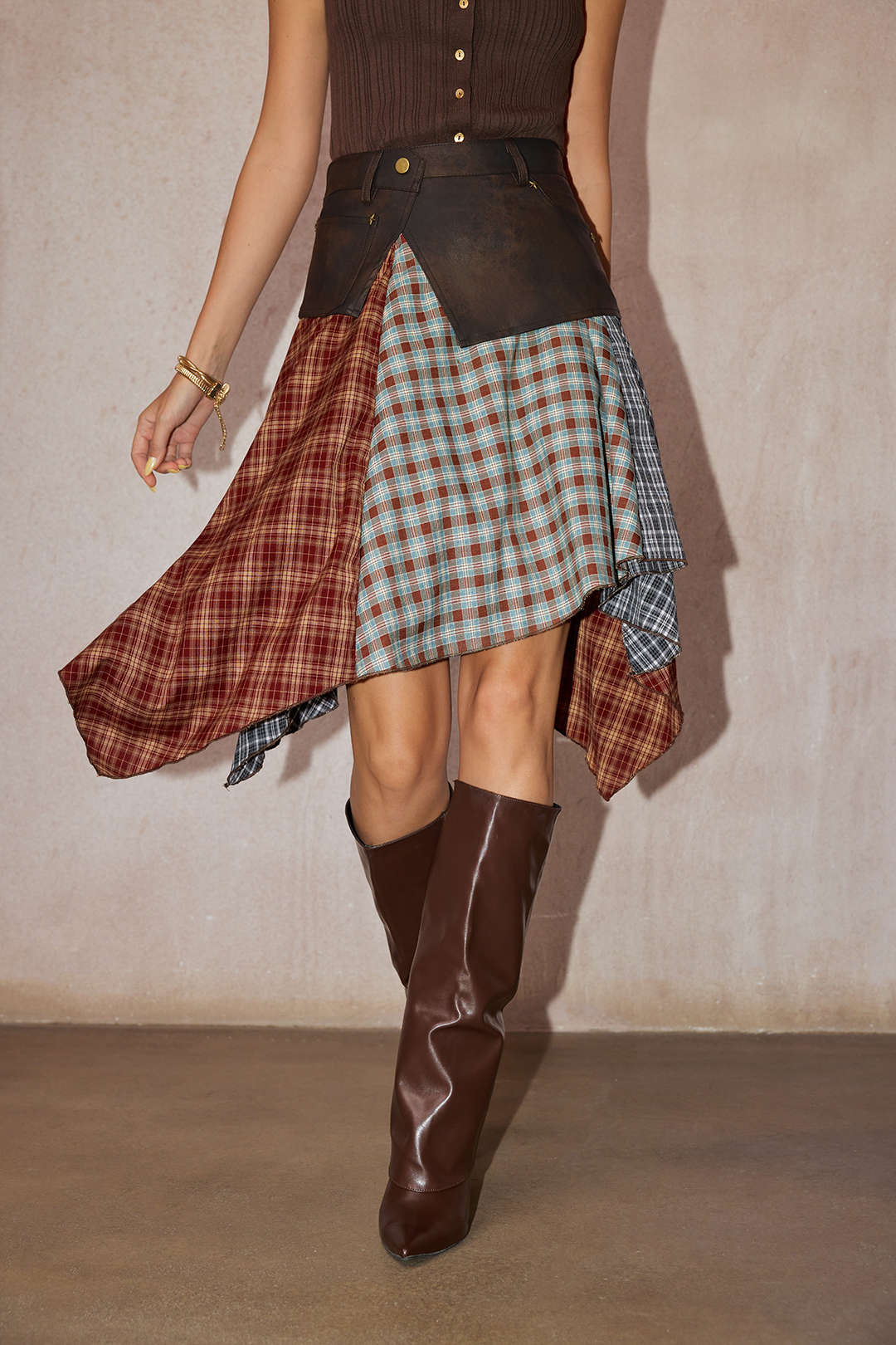 Plaid Contrast Print Faux Leather Patchwork Irregular Hem Skirt - Image 7