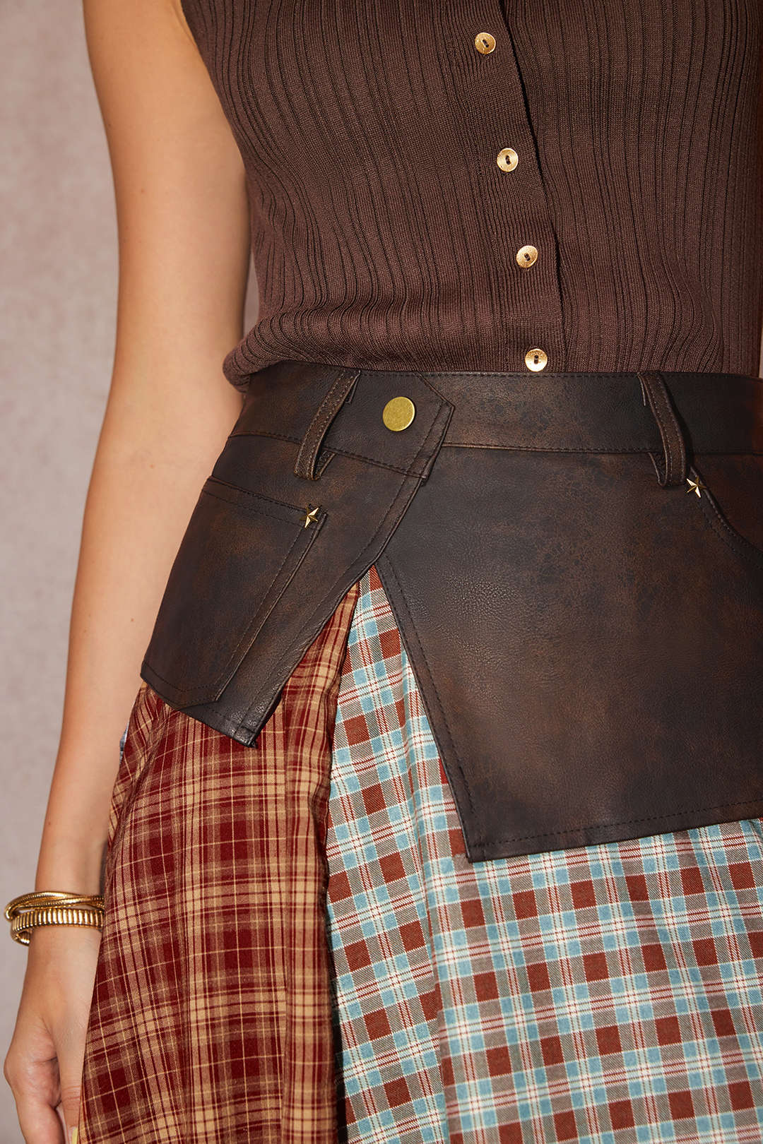 Plaid Contrast Print Faux Leather Patchwork Irregular Hem Skirt - Image 8