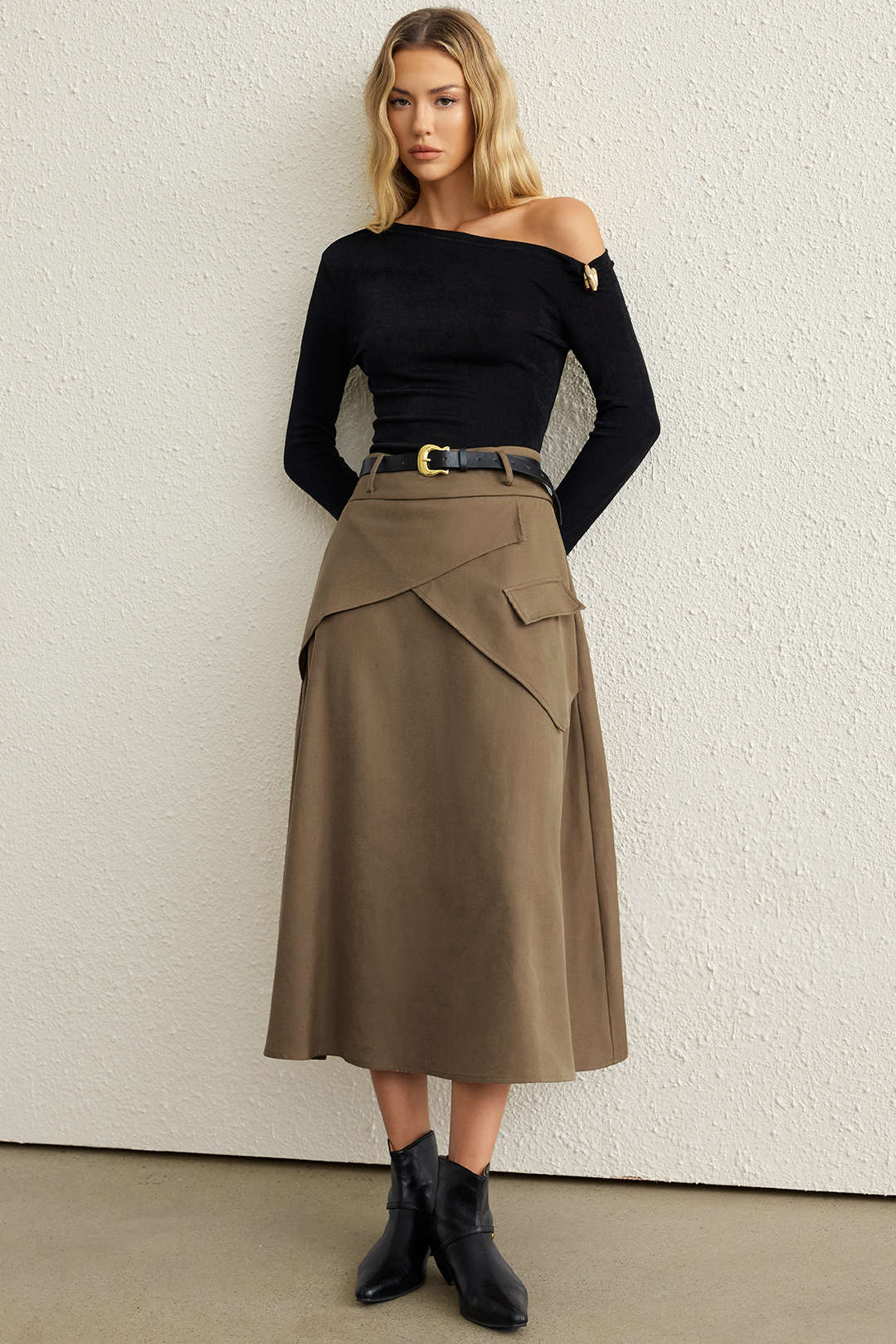 Belted Asymmetrical Ruched High Waist Skirt - Image 6