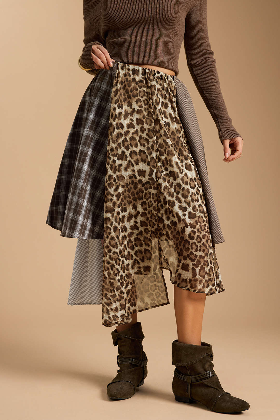 Plaid Leopard Print Patchwork Irregular Skirt