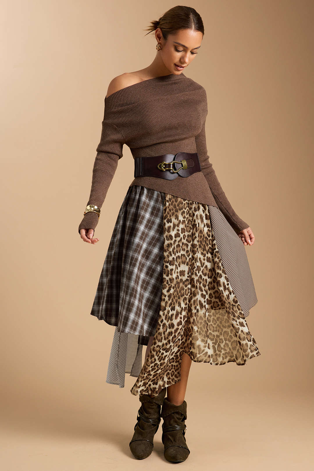 Plaid Leopard Print Patchwork Irregular Skirt - Image 2