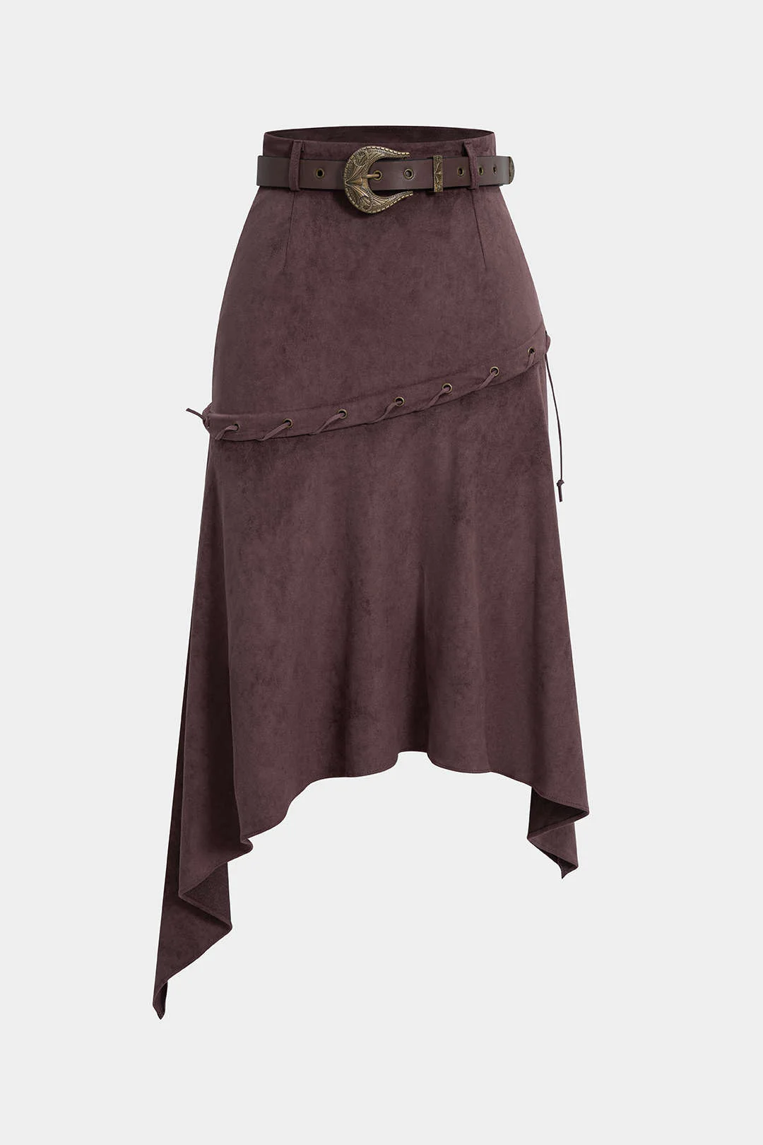 Suede Belted Irregular Hem High Waist Skirt - Image 2