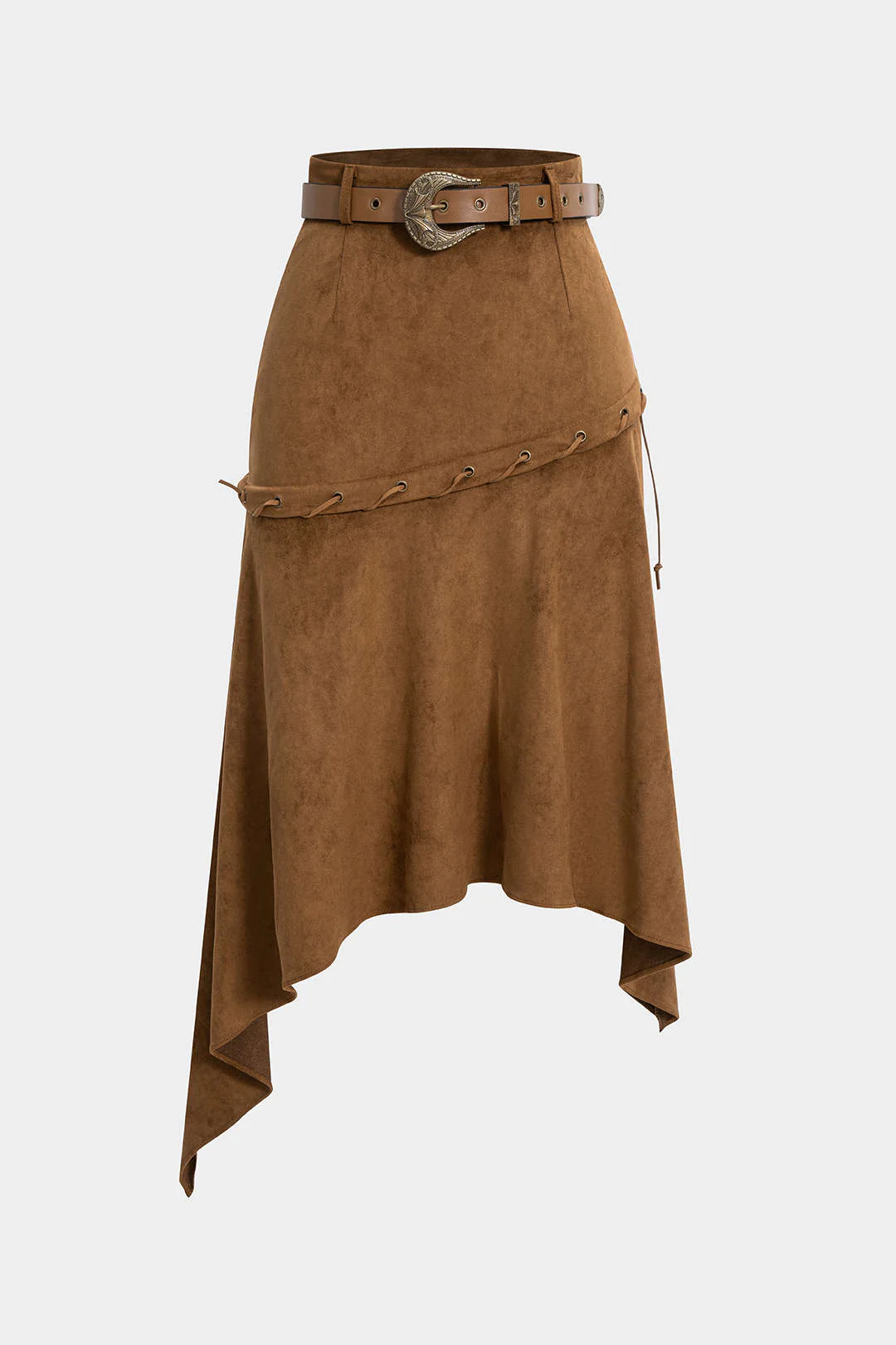 Suede Belted Irregular Hem High Waist Skirt - Image 3